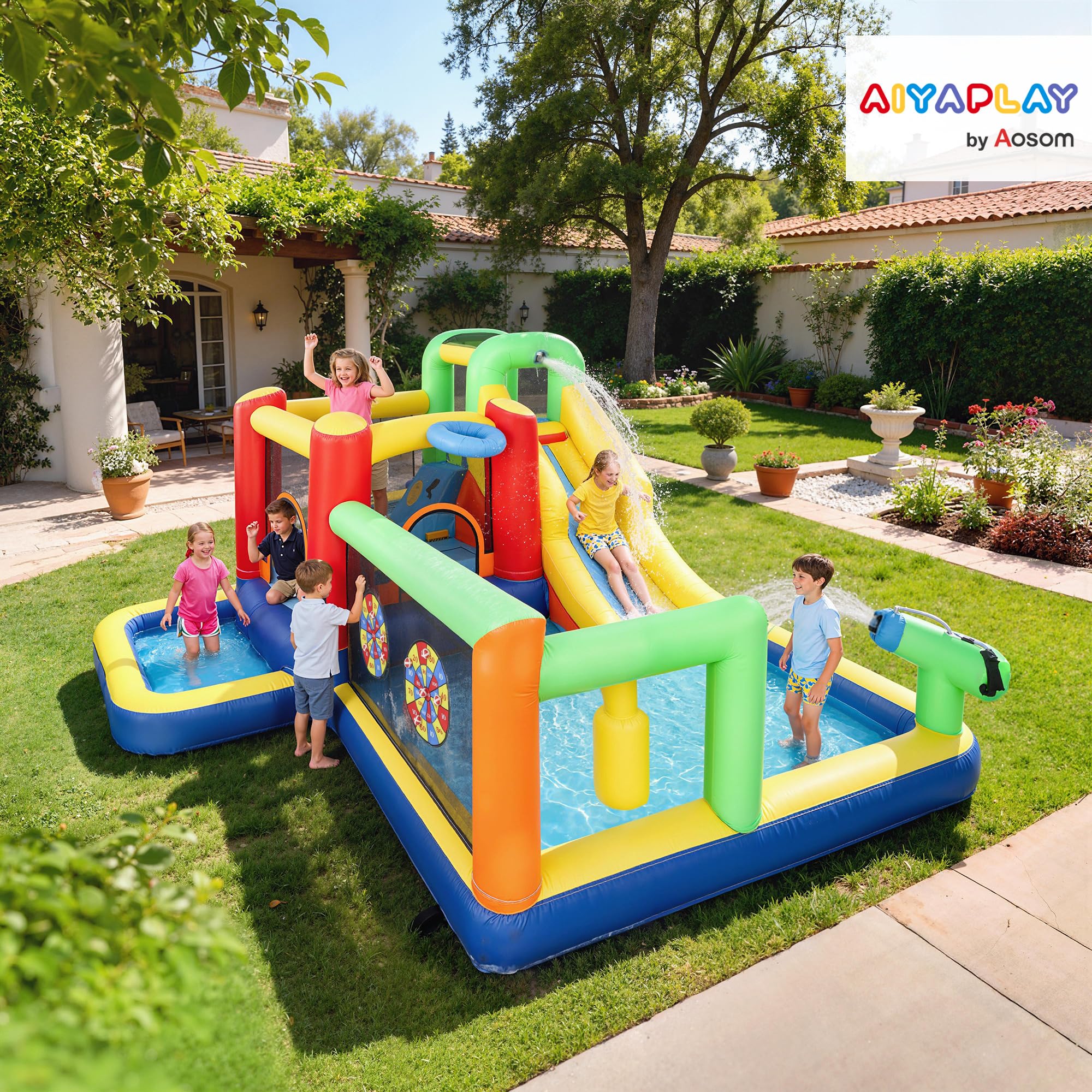 AIYAPLAY Castillo Hinchable Acuático con Soplador 550W 9 en 1 Castillo Hinchable Niños con Tobogán Zona de Salto Escalada 2 Piscinas Canasta Columna de Boxeo Dardos Exterior Interior 330x290x185 cm
