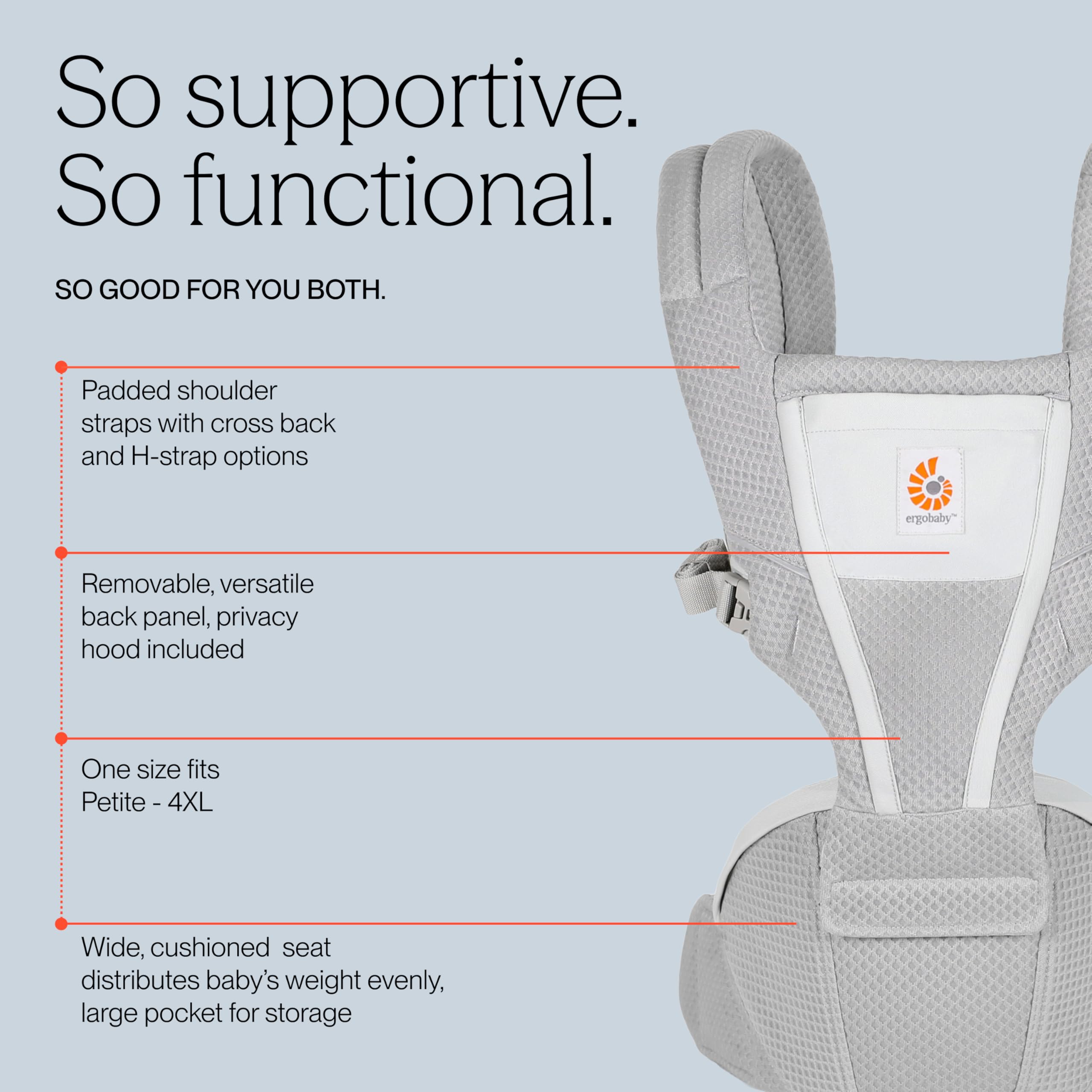 Ergobaby Alta Hip Seat, marsupio con seggiolino per neonati e bambini dai 4 mesi in su (5,5 kg - 20,4 kg), con rete SoftFlex