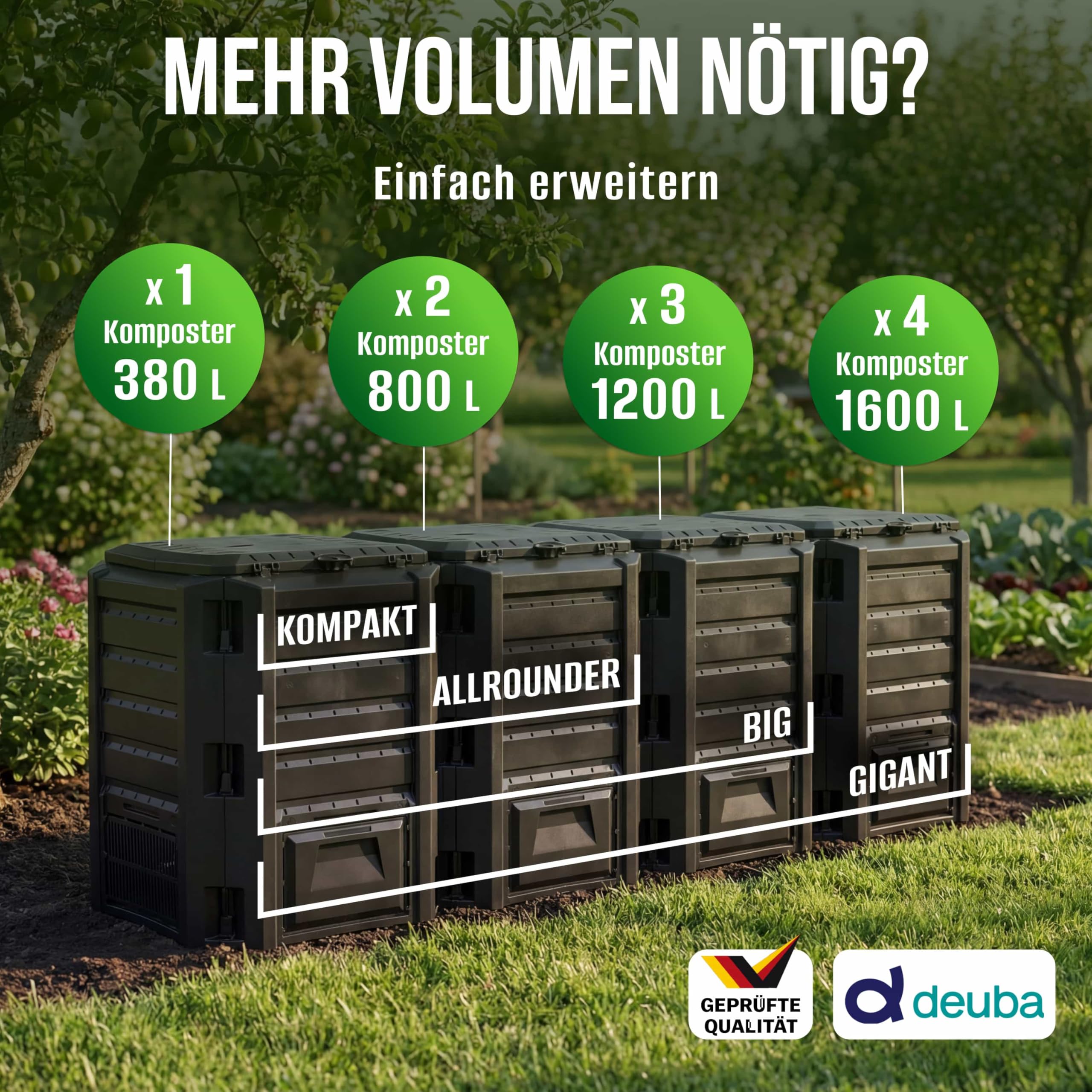 DEUBA® Komposter 800L 135x72x83cm witterungsbeständig Deckel klappbar Gartenkomposter Thermokomposter Schnellkomposter