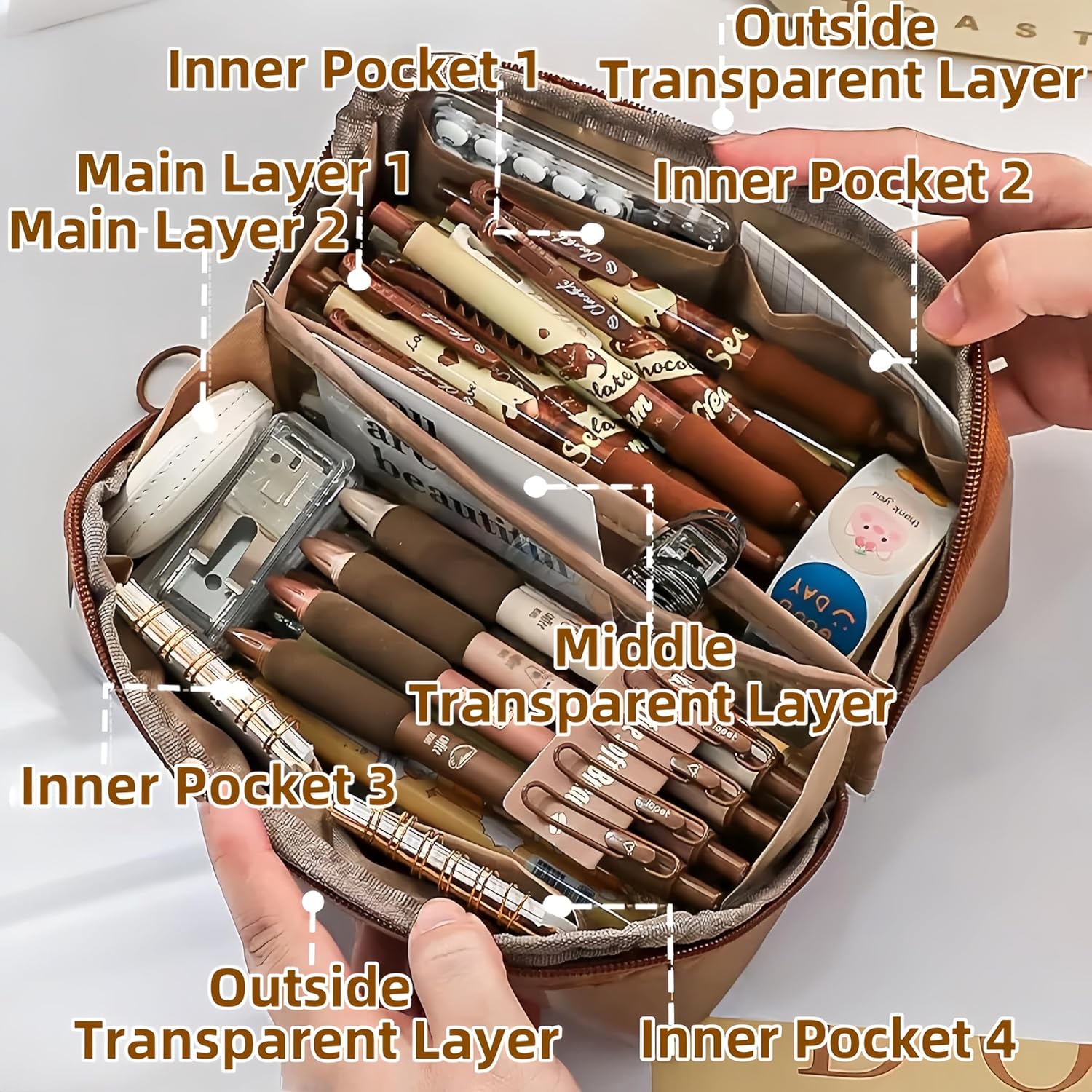 Adorable Capybara Pencil Case with 16PCS Cute Accessories, Kawaii Pen Pouch: Includes Pens, Capybara Plush Brooch, Keychain, Clips, Note, and Stickers - Image 5