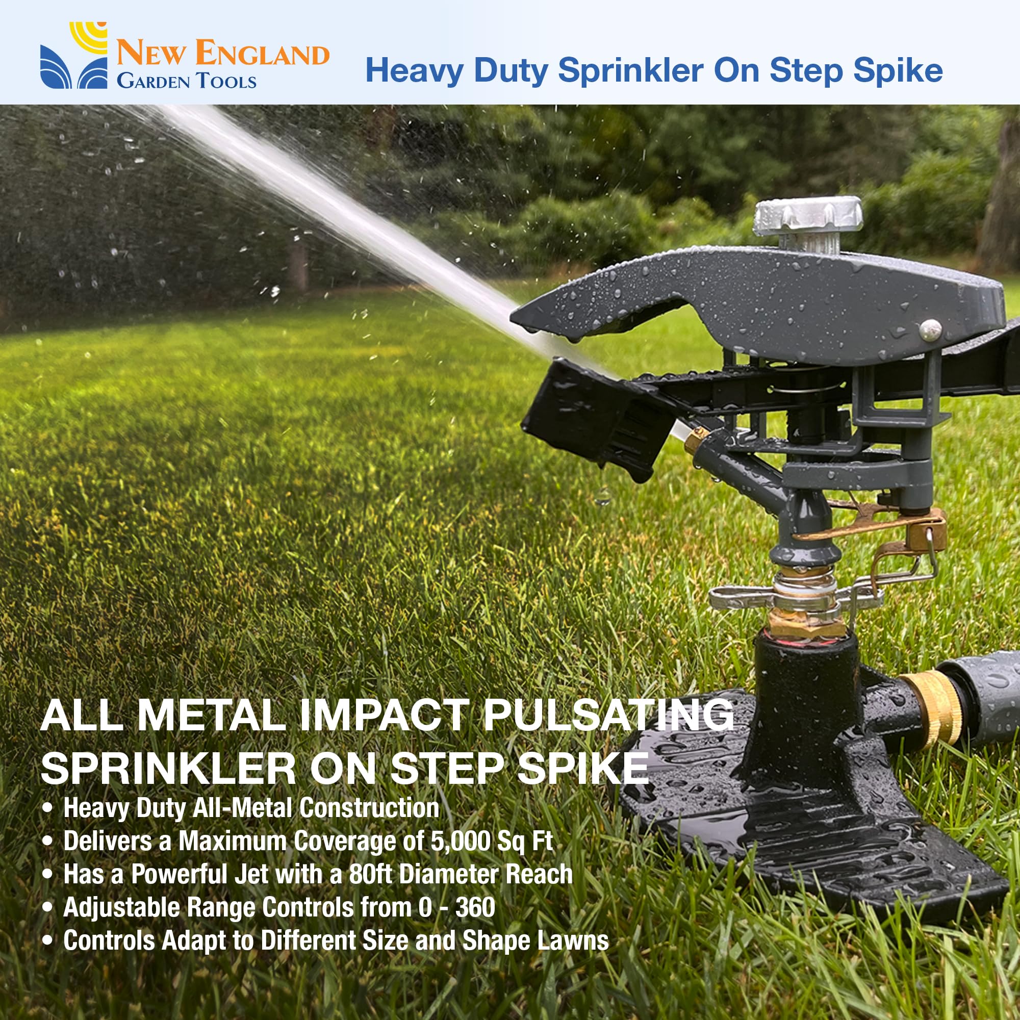 Aspersor de impacto pulsante para césped 300004, resistente, ajustable a 360 grados en estaca de 3 puntas New England Garden Tools