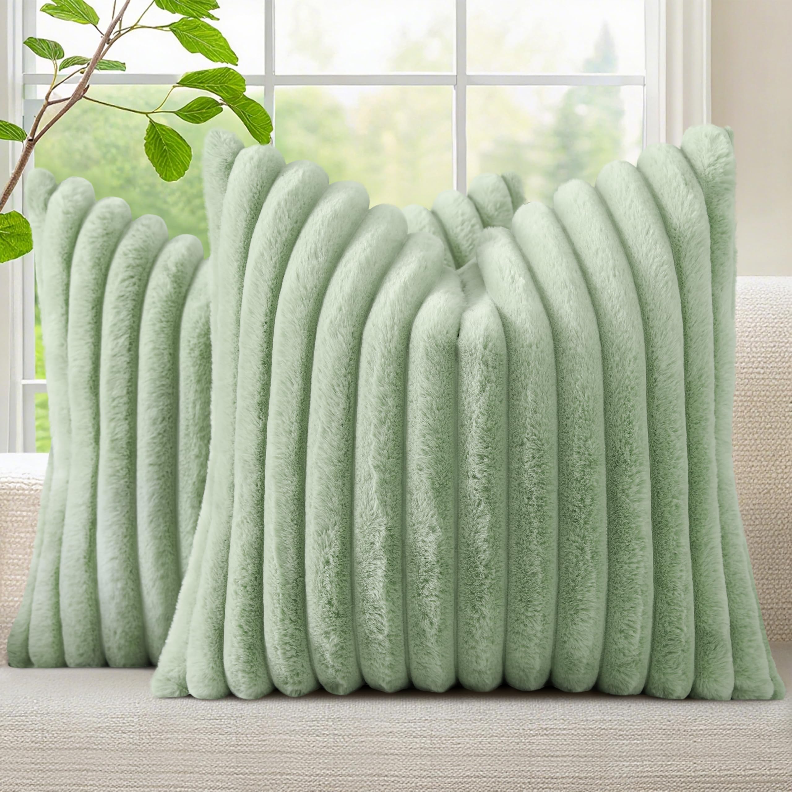 decorUhome Faux Fur Christmas Throw Pillow Covers 18x18 Set of 2, Decorative Soft Plush Striped Neutral Couch Euro Pillow Covers with Velvet Back for Sofa, Bed, Living Room Home Decor, Sage Green