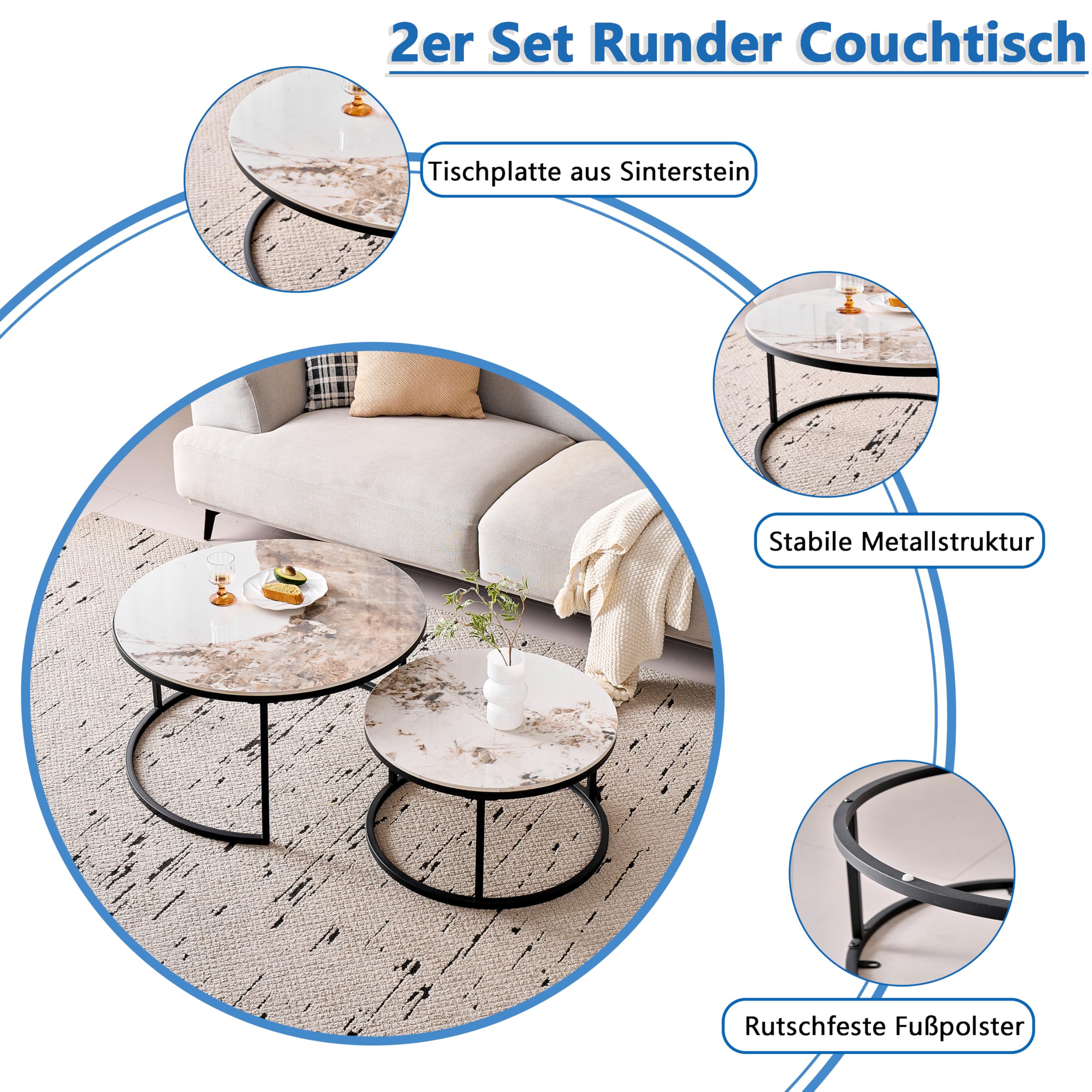 Set di 2 Tavolini Rotondi con Piano in Ceramica Tecnica (NON in MDF); Tavolini Sovrapponibili Idéal pour Soggiorno, Camera da Letto (Pandora+Nero), 60+80cm