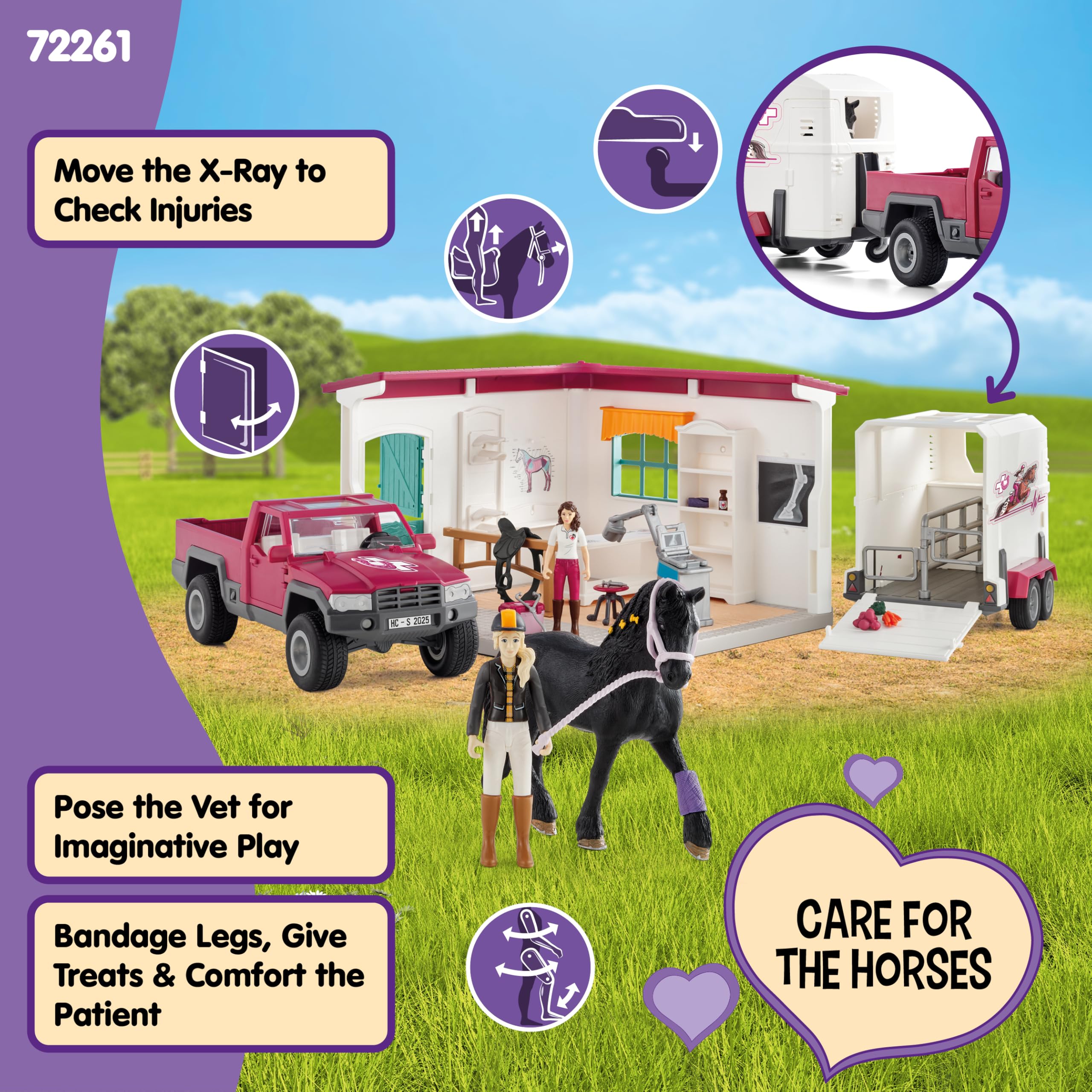 schleich HORSE CLUB | Wizyta u weterynarza 72261 | Zestaw z domem, pick-upem, przyczepą, 2 figurkami, koniem i akcesoriami | idealny prezent dla dzieci od 5 lat | 61 elementów