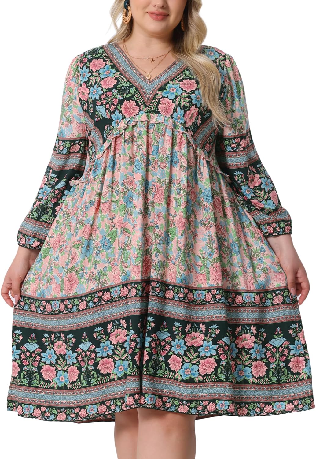 Agnes Orinda Plus Size Summer Dress for Women Casual Boho Floral V Neck 3/4 Sleeve Midi Short Beach Dress