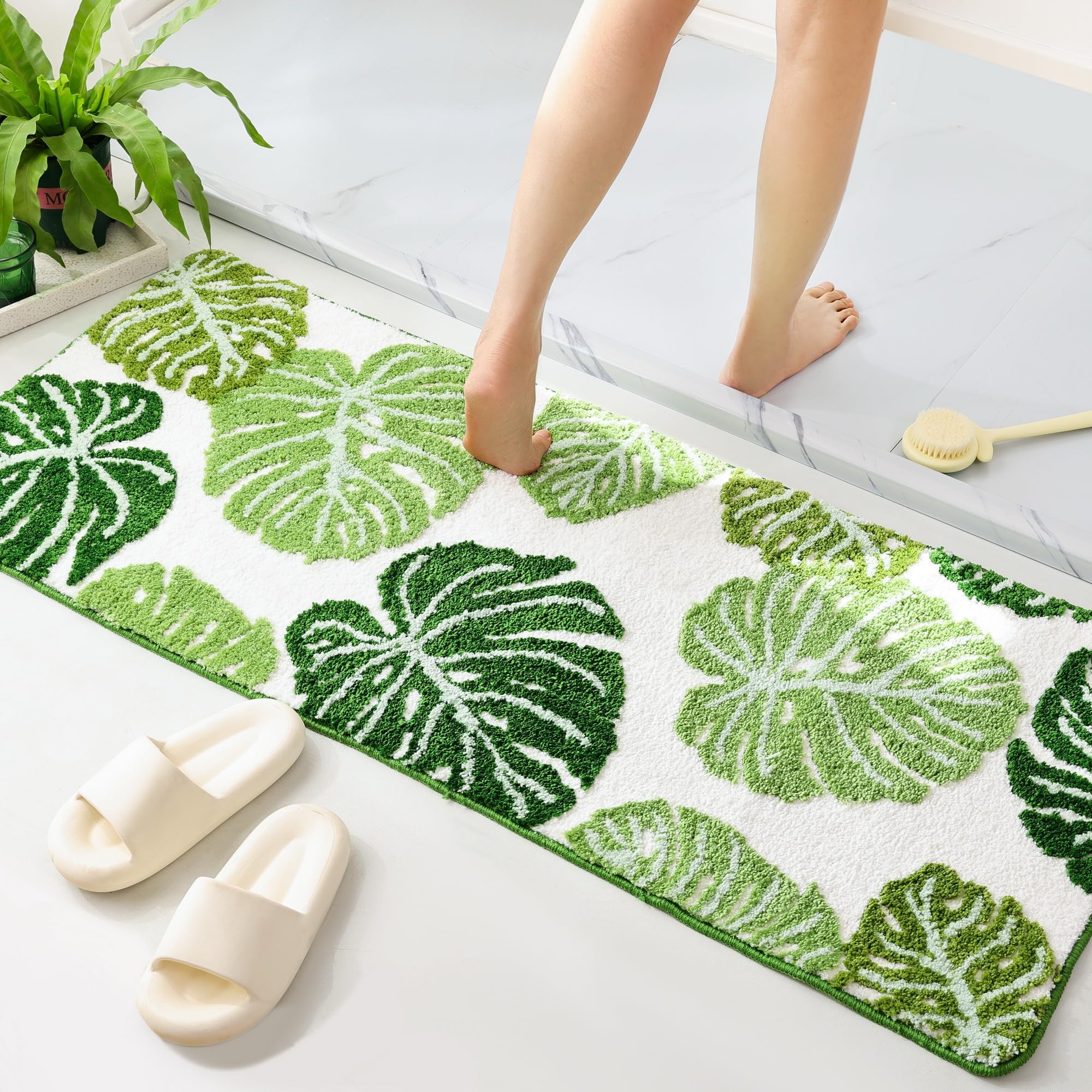 Panstar Monstera Leaf Rug Green Long Bath Mat Bathroom Runner Rug Plant Kitchen Rugs for Bedroom Non Slip Absorbent Plush Fun Aesthetic Washable Mats 20"X50"