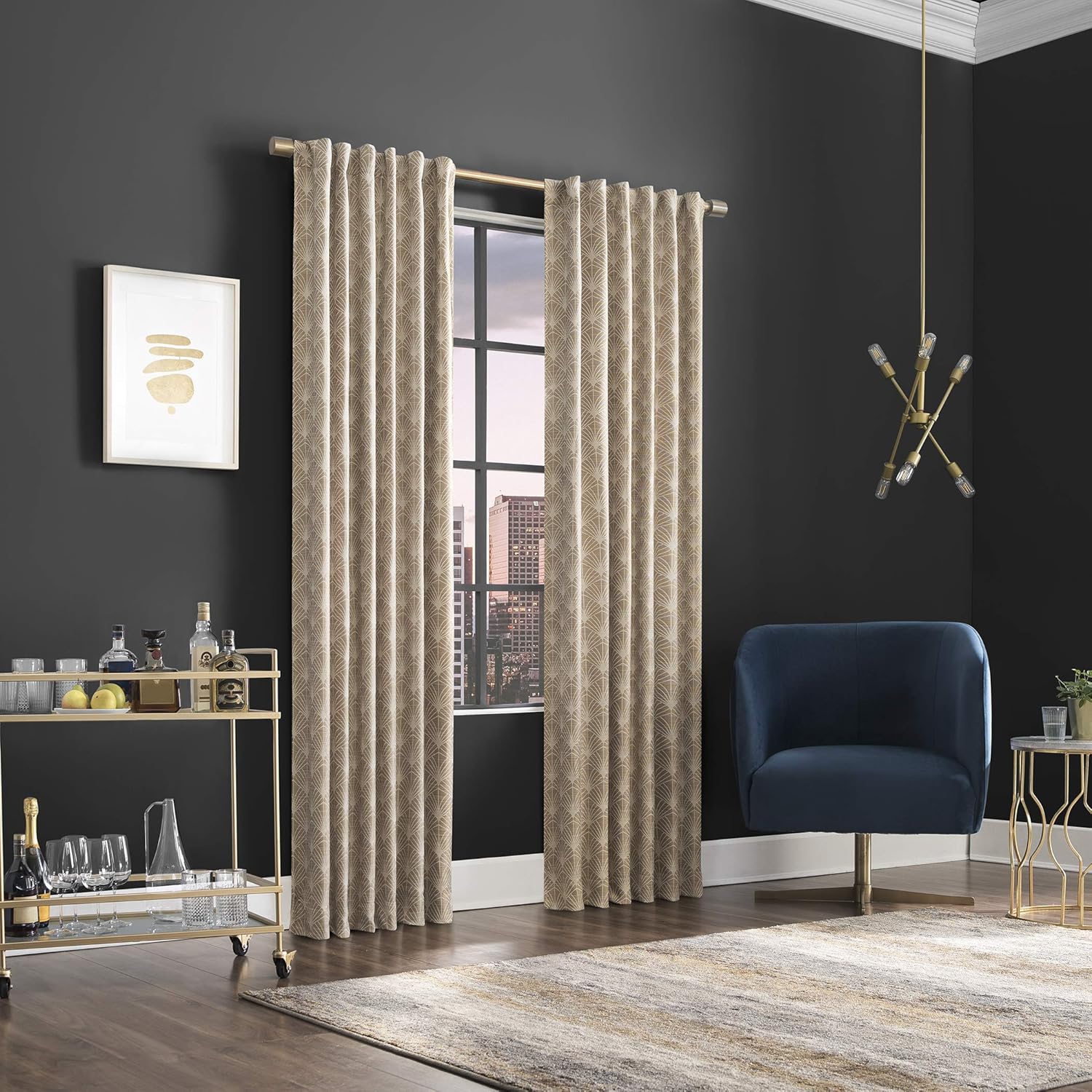 Scott Living Montauk Art Deco Total Blackout Back Tab Curtain Panel, 50" x 84", Linen
