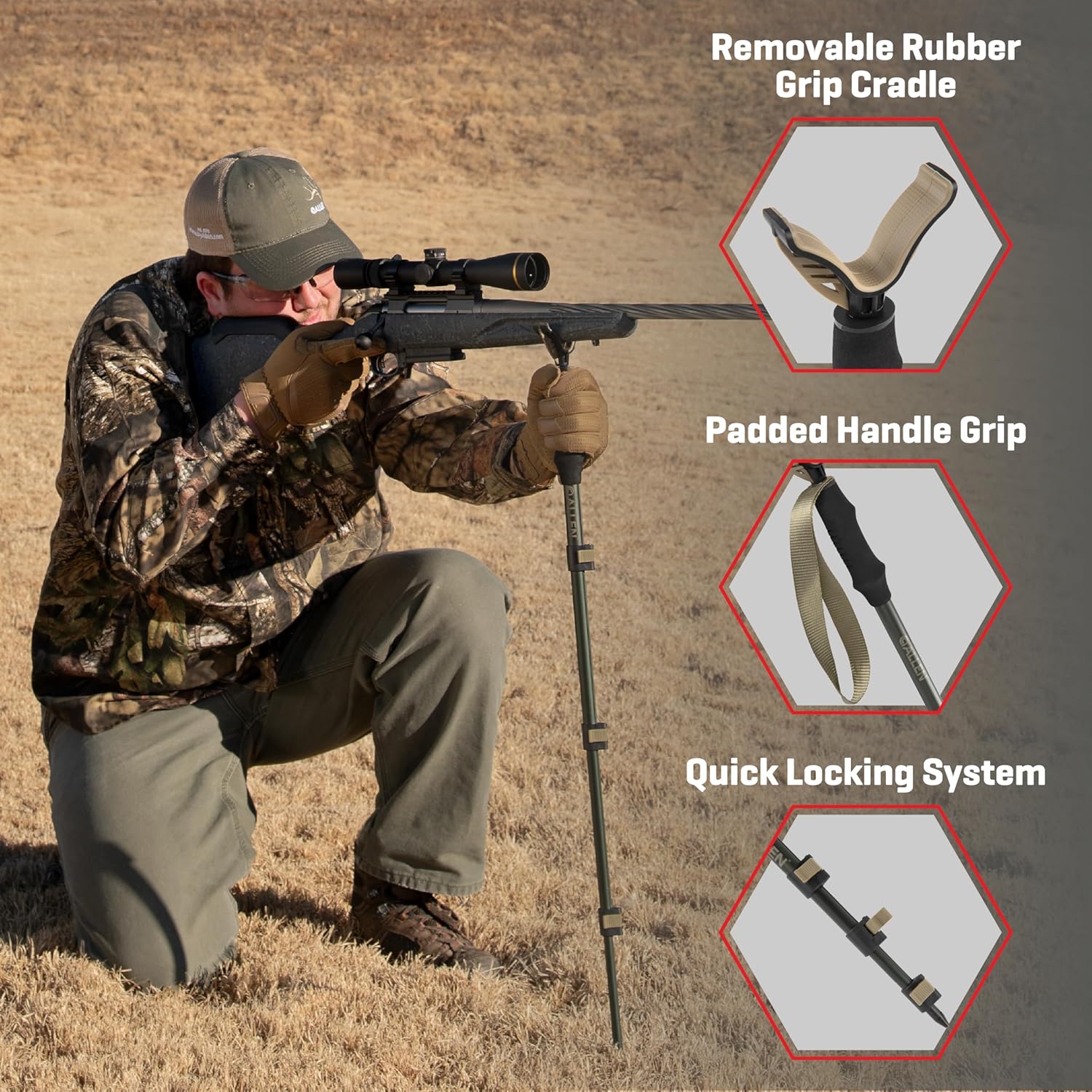 Allen Company Monopod Shooting Stick and Gun Rest - Adjustable Height - Removable Cradle - Padded Grip - Aluminum - Rifle Shooting Rest, Camera Stand - Gun Accessories, Hunting Gear