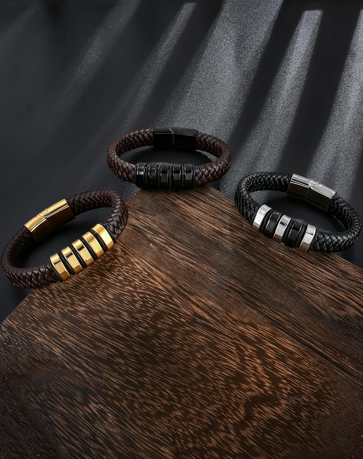 YL Braided Leather Mens Bracelet, 18K White/Yellow Gold/Rhodium Plated Stainless Steel Black/Brown/Red/Green Cuff Military Hero Punk Handcrafted Jewelry Gifts for Women - Image 5