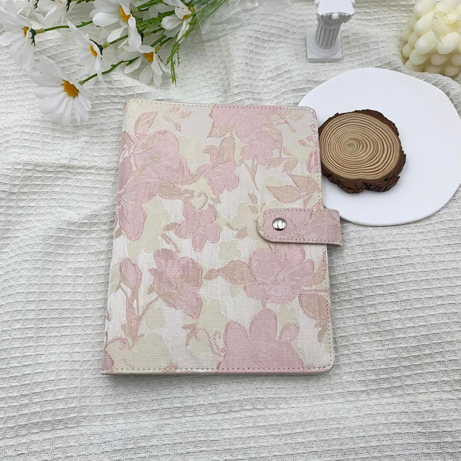 Aesthetic A5 6 Ring Binder Refillable Notebook Budget Binder Magnet Closure Fabric Pink Peach Blossom Binder 5.5 x 8.5 Loose Leaf Planner with 7 Tabbed Dividers for Women School Office