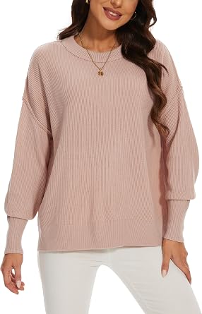 Womens Crewneck Long Sleeve Oversized Sweaters Fall Side Slit Ribbed Knit Pullover Sweater Tops