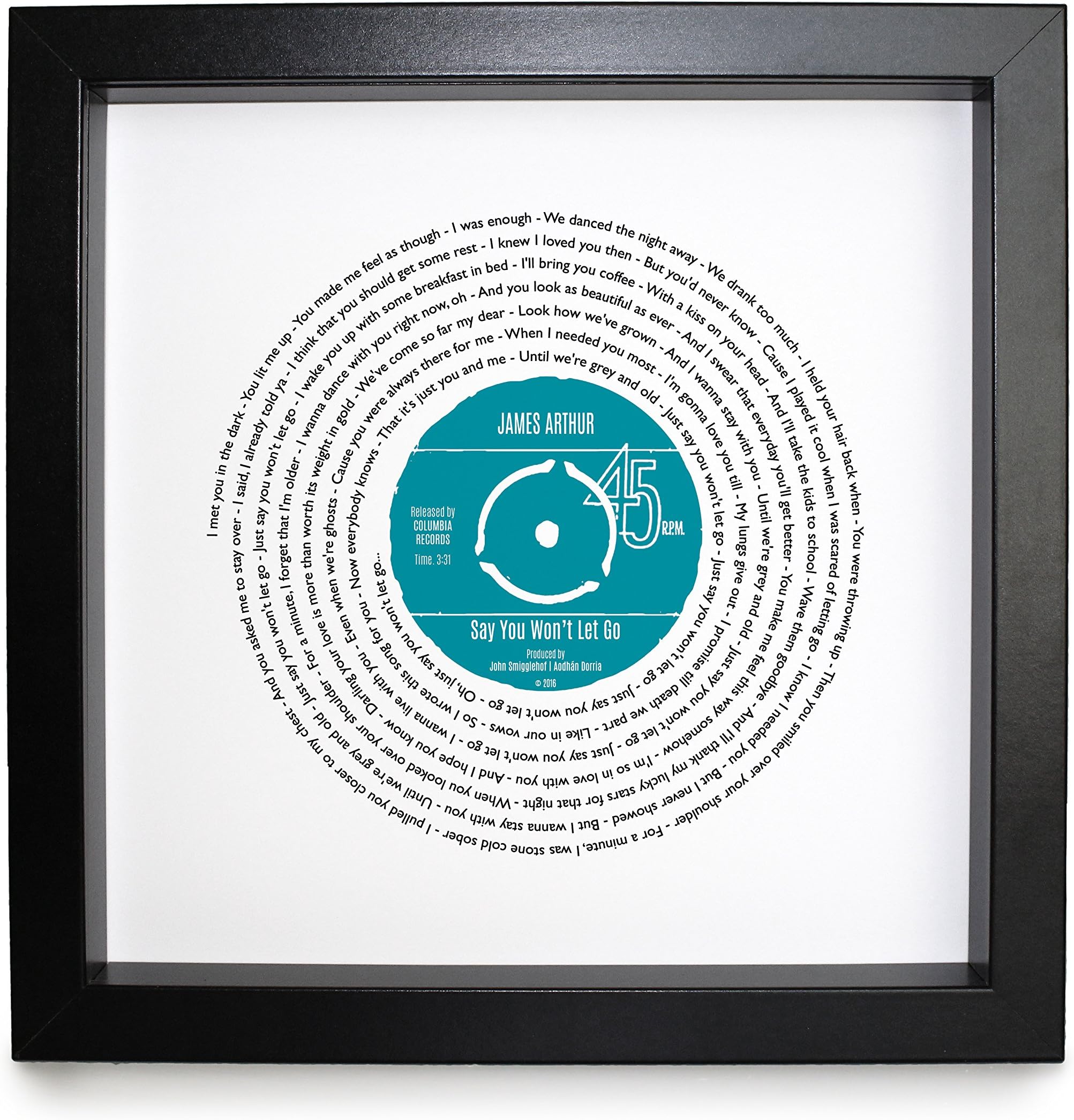 Personalised Vinyl Record Song Lyrics Print - Thoughtful Wedding, Anniversary, Valentines, Christmas or Birthday Gift (James Arthur - Say You Won't Let Go)