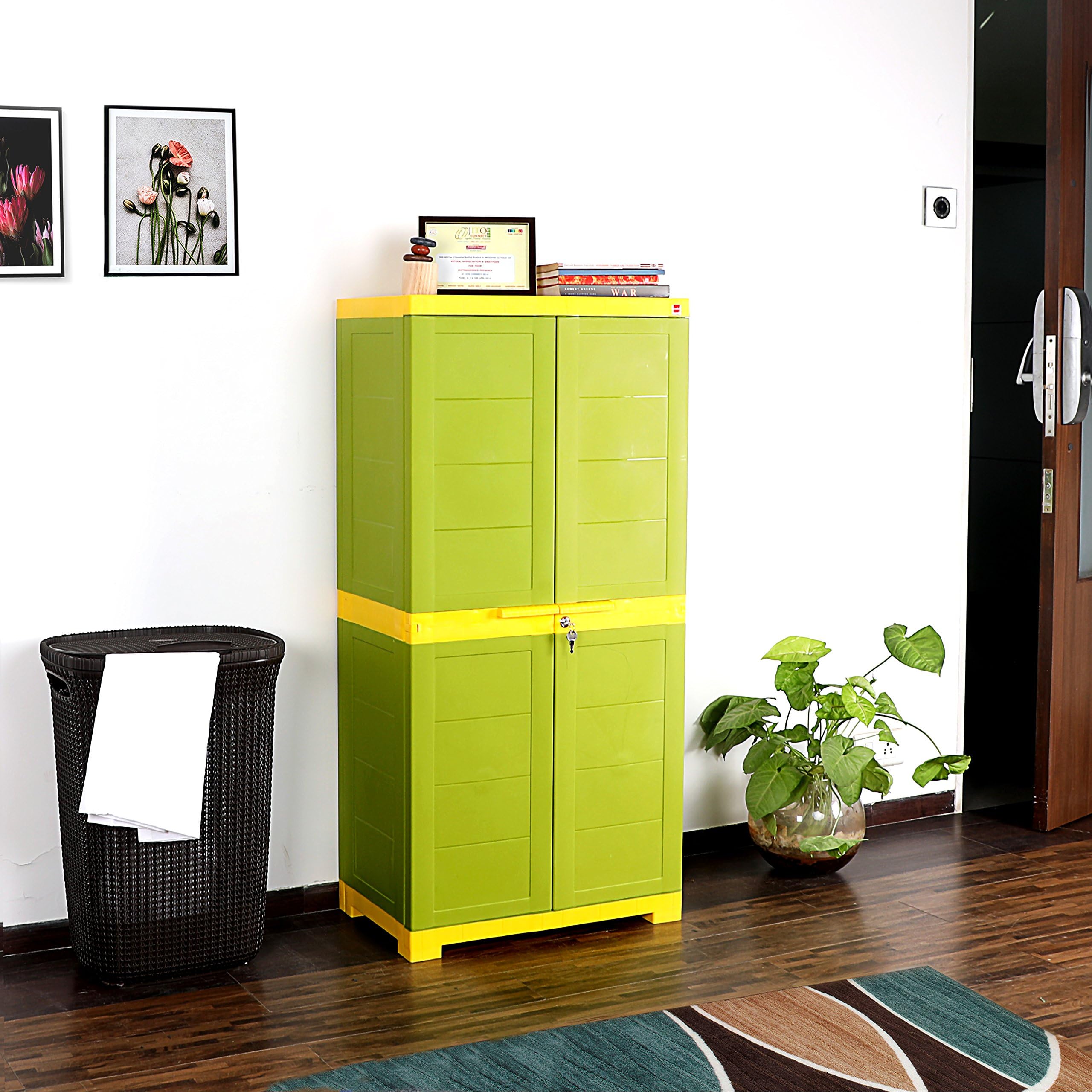 Cello Novelty Big Plastic Cabinet with Dustproof Doors| 3 Year Warranty | Almirah, Cupboard, Wardrobe for Home, Living Room, Bedroom, Kitchen, Office, Outdoor| Green & Yellow Colour