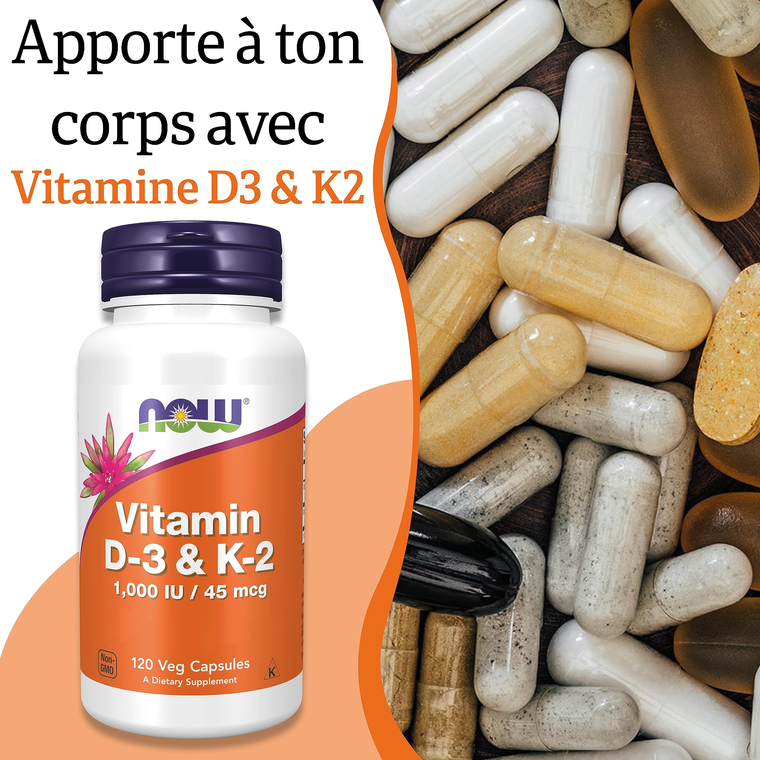 Now Foods, Vitamin D3 & K2, 1.000 UI, 120 Capsules végétaliennes, Testé en Laboratoire, Multivitamines, Sans Gluten, Sans Soja, Végétarien