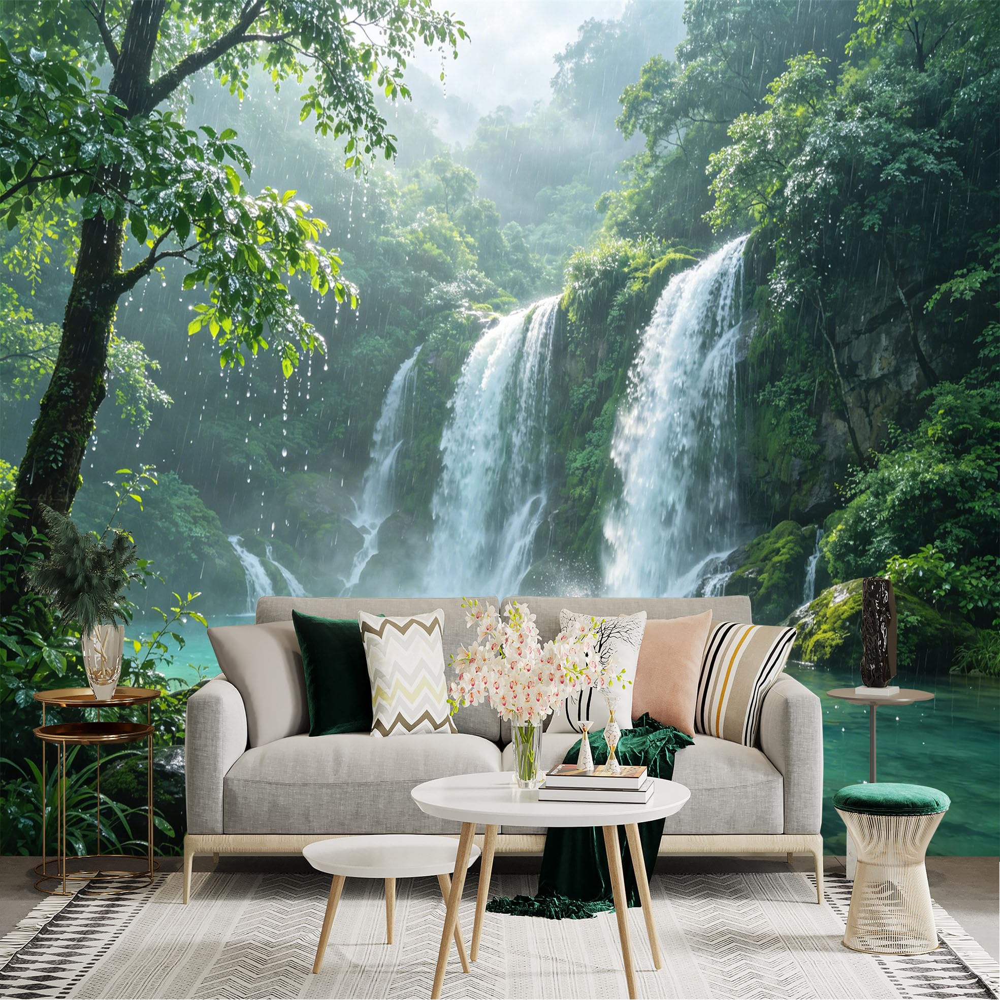 Lnzczhyre Dbh260521054 Custom Size Wall Sticker Mural， Rainforest Waterfall， Misty Tropical Jungle， Serene Turquoise River， Sunlight Through Lush Canopy， For Wall Decoration， Peelandstick Wall Decals.