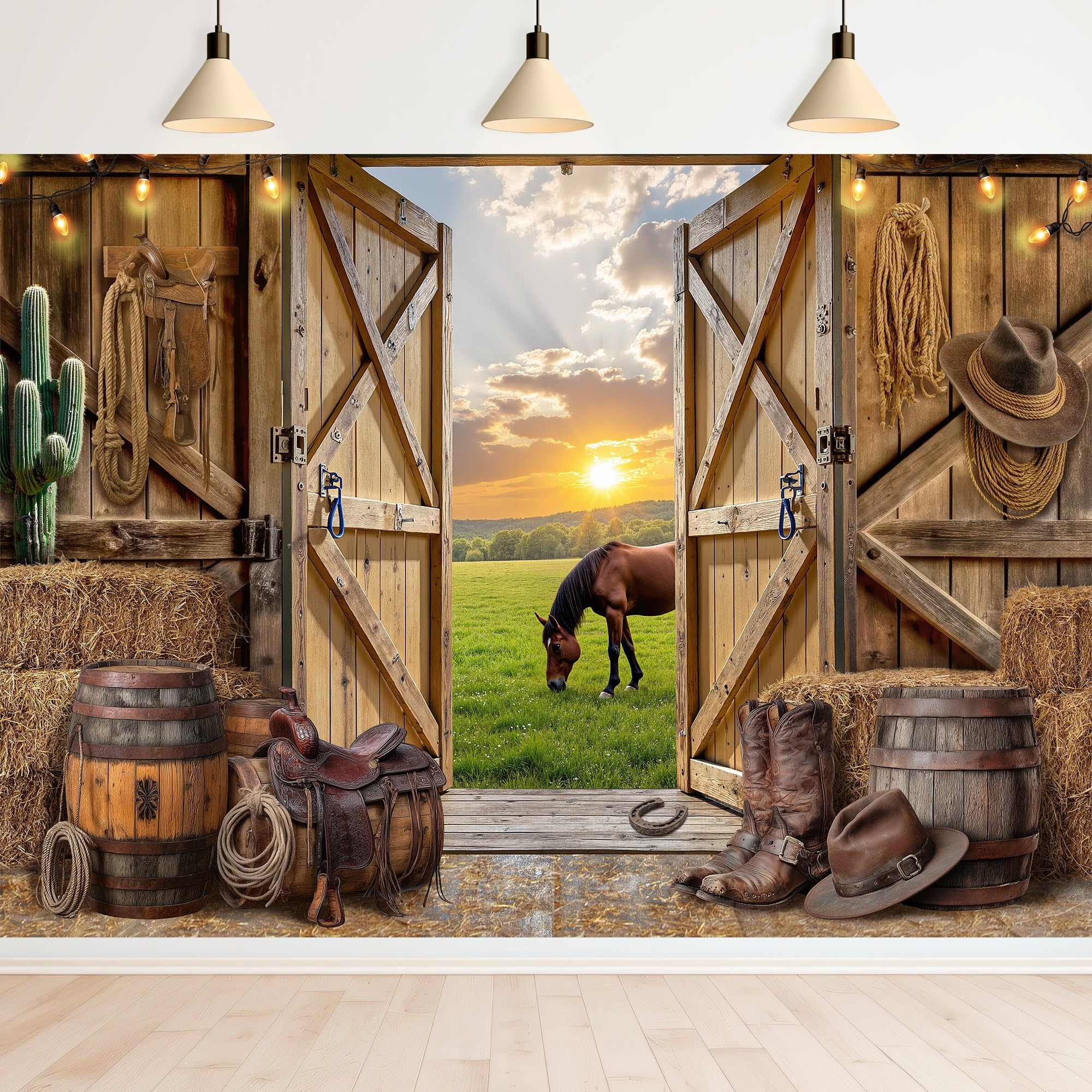 Newsely Western Cowboy Backdrop 7Wx5H Photography Wild West Rustic Wooden Western Party Decorations Farmhouse Horse Barn Door Vintage Country Birthday