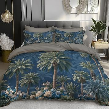 King Duvet Cover Sets Soft Tropical plants palm trees Printed Bedding Set Navy Blue Microfiber Duvet Covers with Pillowcases 230x220cm