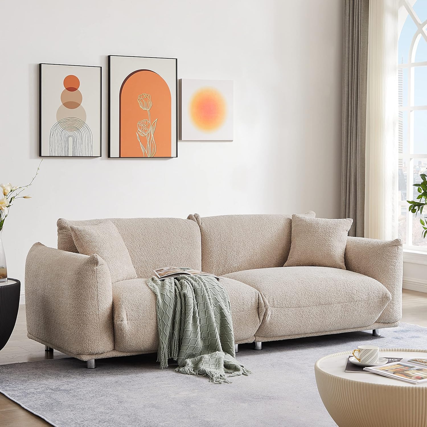KEIKI 86" Upholstered Loveseats Sofa with 2 Pillows and Metal Legs, Modern Style Oversized 2-Seater Couch with High-Density Foam Cushions, Easy Assembly, for Apartment, Living Room, Camel