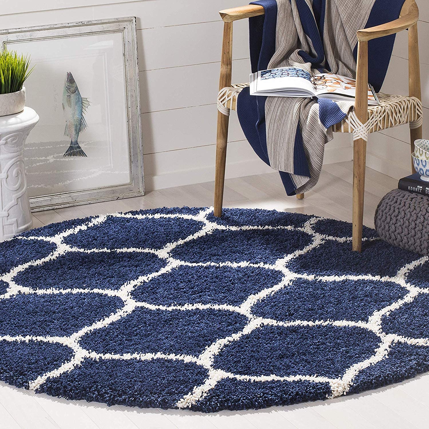 Fur Shaggy Rugs and Carpets, Modern Plush Area Rug for Bedroom Living Room Floor Mat Bedside Home Decor Carpet (4x4 Feet Round, Navy Blue|Ivory)
