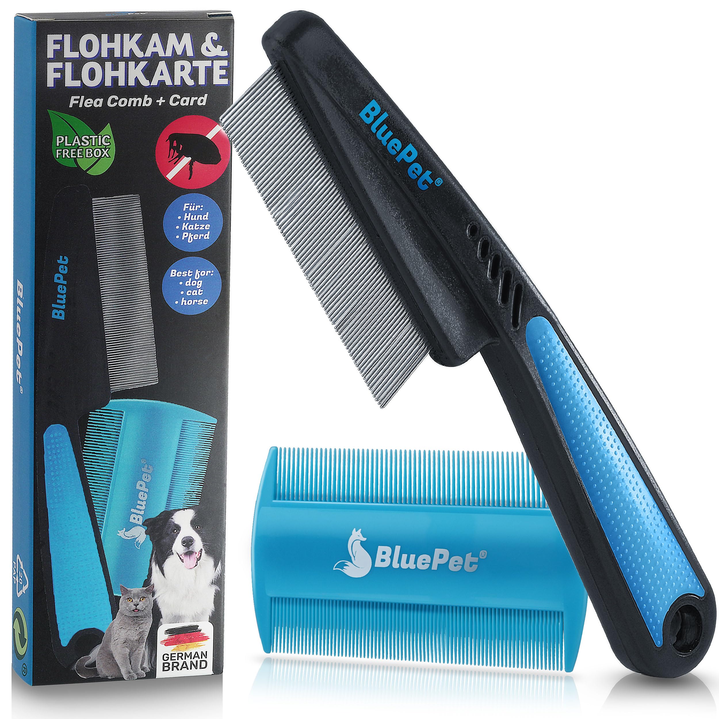 BluePet Flohkamm + Flohkarte Für Hunde & Katzen I Effktiv gegen Flöhe, Läuse & Zecken entfernen I Sanfte abgerundete Zinken I Als feiner Hundekamm, Staubkamm, Nissenkamm nutzbar