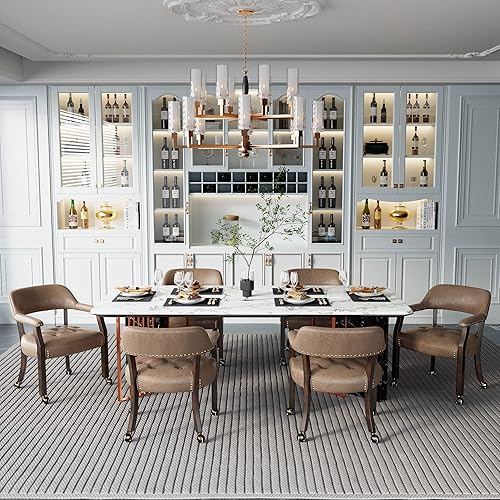 Miniatura 10 de Juego de 4 sillas de cuero de comedor con ruedas y brazos, silla de capitán Accent con ruedas, sillas de madera con ruedas enrollables para cocina y