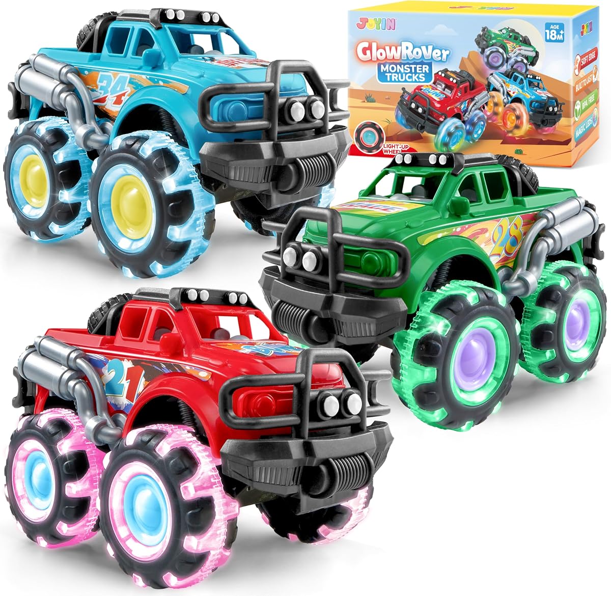 JOYIN 3 Pack Monster Truck Toy - Toy Truck with Flashing LED Wheels - Light-Up Friction-Powered Cars for Kids - Boys Girls Birthday Gift