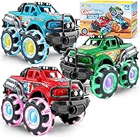 VROOMIX 3 Pack GlowRover Monster Trucks with Flashing LED Wheels - Friction Powered Light-Up Toy Cars for Toddlers Boys Girls Birthday Easter Gifts