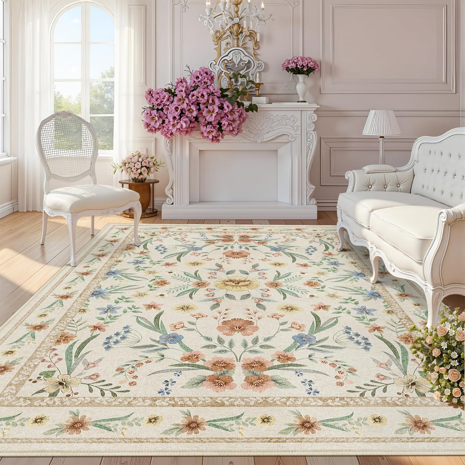 Beige Floral Area Rug 5x7,Neutral Washable Girls Bedroom Rug for Nursery, Playroom or Kids Room,Soft Non-Slip Carpet for Baby Room and Modern Home Decor Beige 5 x 7 ft