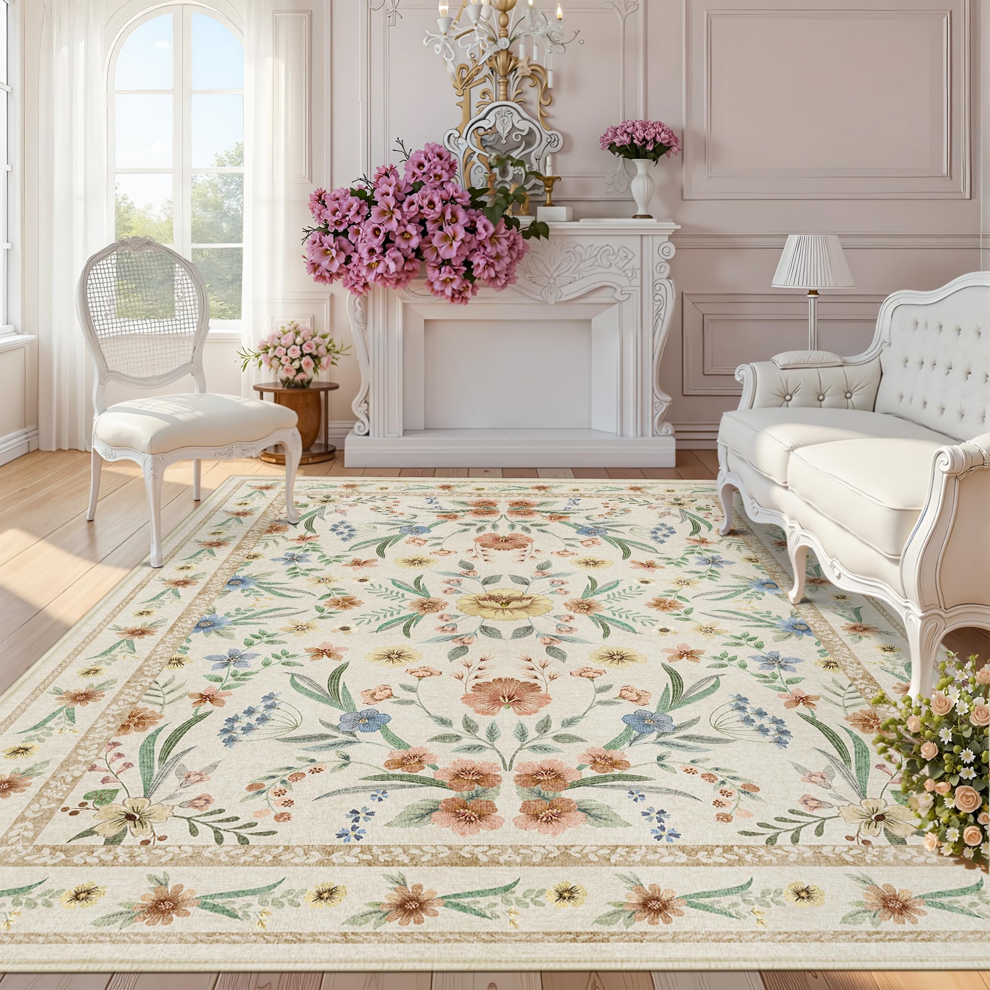 Dadasgk Beige Floral Area Rug 5x7,Neutral Washable Girls Bedroom Rug for Nursery, Playroom or Kids Room,Soft Non-Slip Carpet for Baby Room and Modern Home Decor