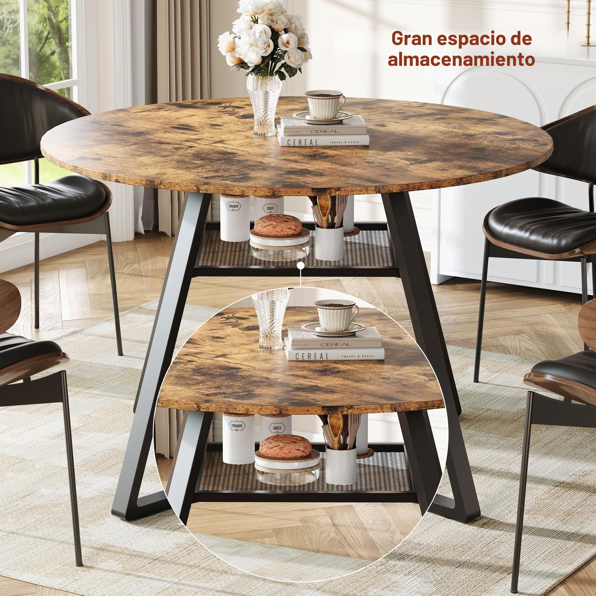 Mesa de Comedor Redonda ⌀120 cm para 4-6 Personas, Mesa de Cocina Madera con Estante y Marco Metálica para Comedor o Salón, Estilo Industrial