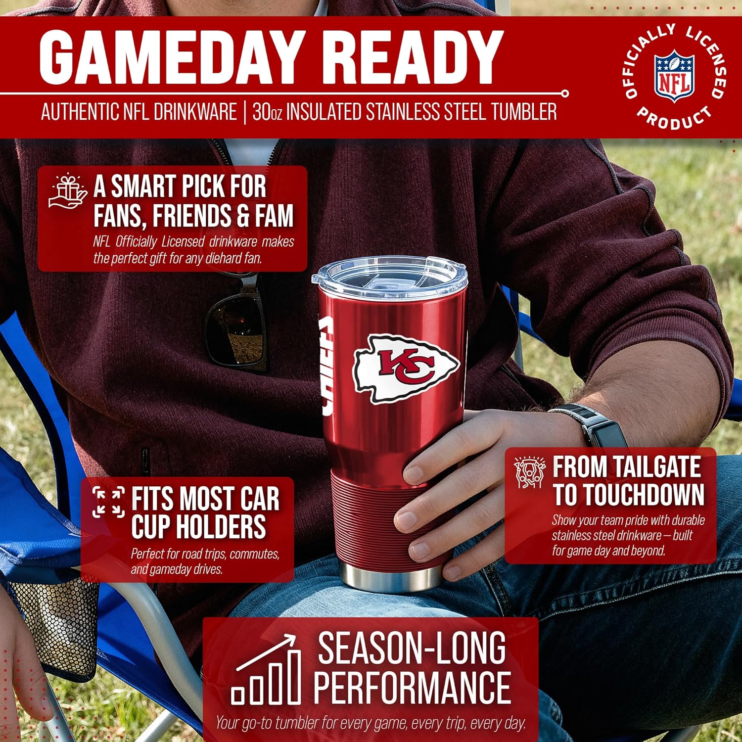 Team Fan Apparel NFL 30oz Gameday Stainless Steel Tumbler, Insulated For Hot & Cold, Slider Lid, Silicone Grip, Officially Licensed (Kansas City Chiefs - Red) - Image 4