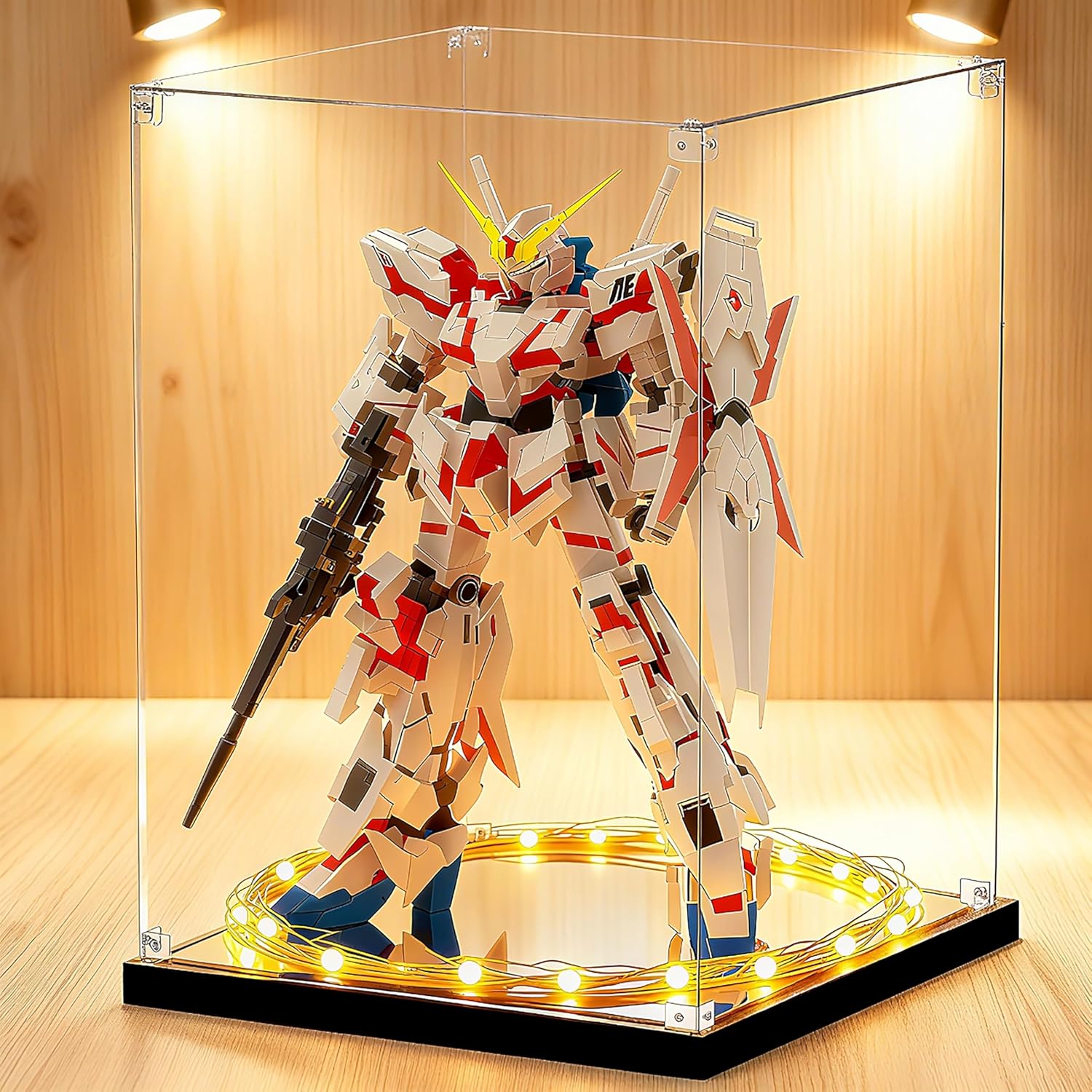 Acrylic Display Case for Collectibles, Clear Display Box with Mirror, Light Strip and Woodgrain Base for Gundam Display, Figures Models Doll