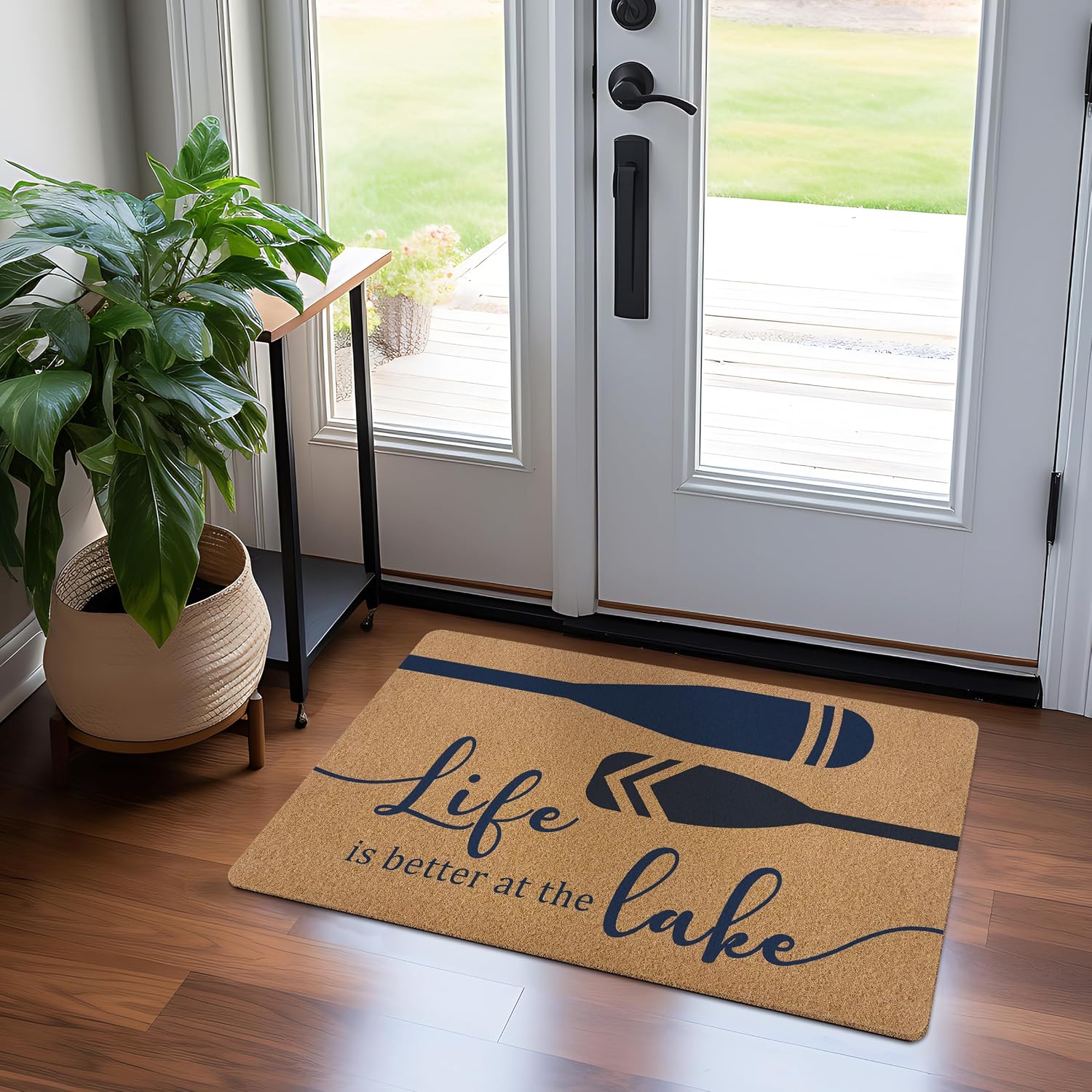 Life is Better at The Lake Door Mat, Lake House Decor Front Door Mat Outside Entrance,Nautical Blue Lake House Artificial Coir Doormat Rugs for Indoor Entryway Porch Patio Entry, 17x30 in