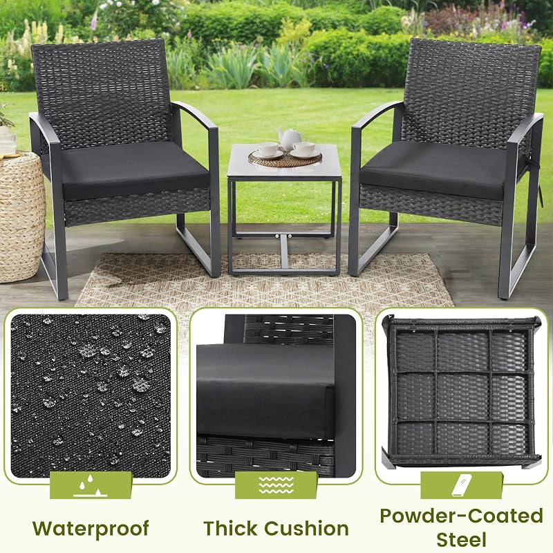 Murago Outdoor 3-Piece Wicker Bistro Set, Patio Conversation Set image 3