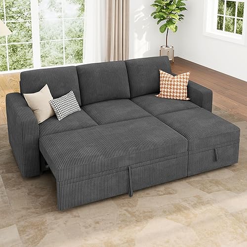 Miniatura 28 de HONBAY - Sofá seccional modular con cama desplegable, sofá en forma de L de chenilla con asientos de almacenamiento, sofás seccional convertible