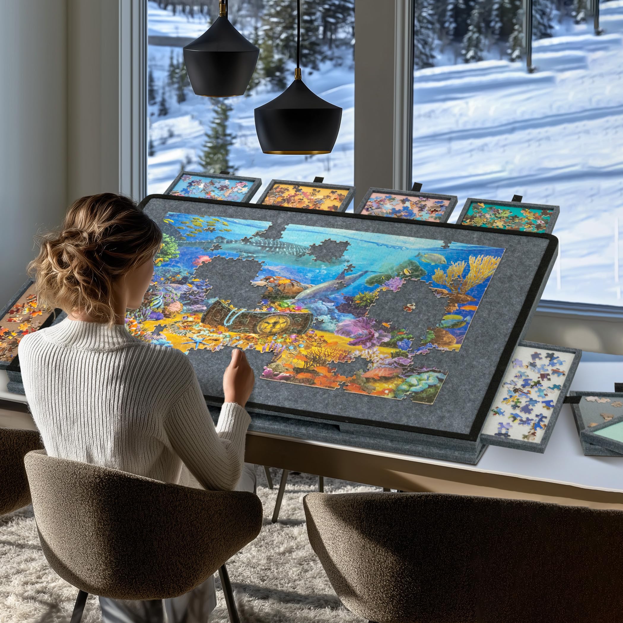 Becko US Tablero de rompecabezas inclinable con soporte y cubierta 2 en 1, estuche de almacenamiento de fieltro ligero con 8 cajones para adultos y niños, mesa de rompecabezas portátil para juegos de