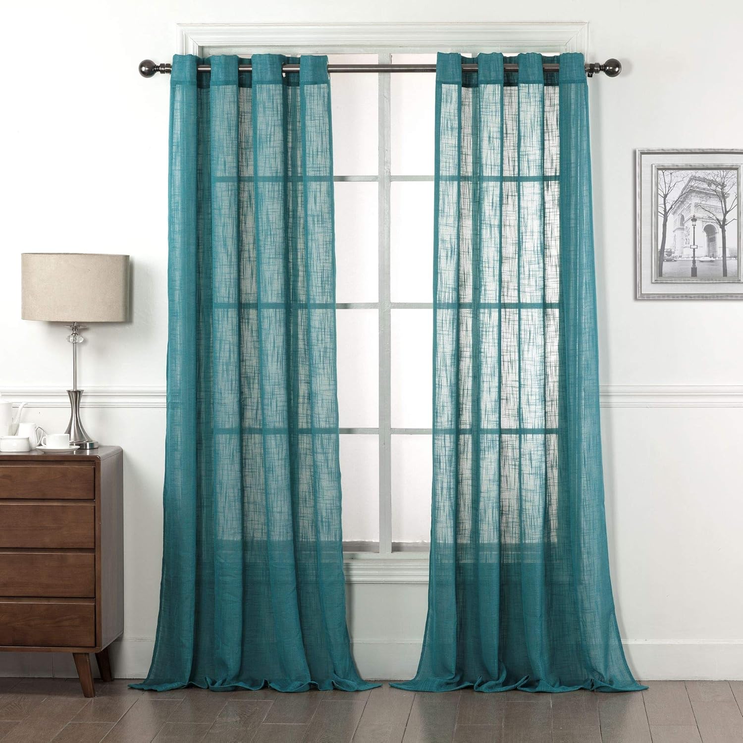 Teal Linen Curtains Nickel Grommet Semi-Sheer Curtains - Energy Saving Light Filtering Window Treatments Draperies for Bedroom/Living Room/Sliding Door, Teal, 2 Panels, 52 x 84 - Inch