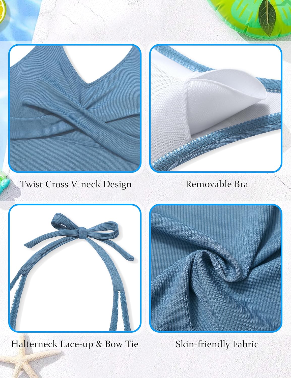 Girls Swimsuits 2 Piece Halterneck Bathing Suit Criss Cross Ruched Printed Tankini Swimwear Set for 9-16 Years - Image 4