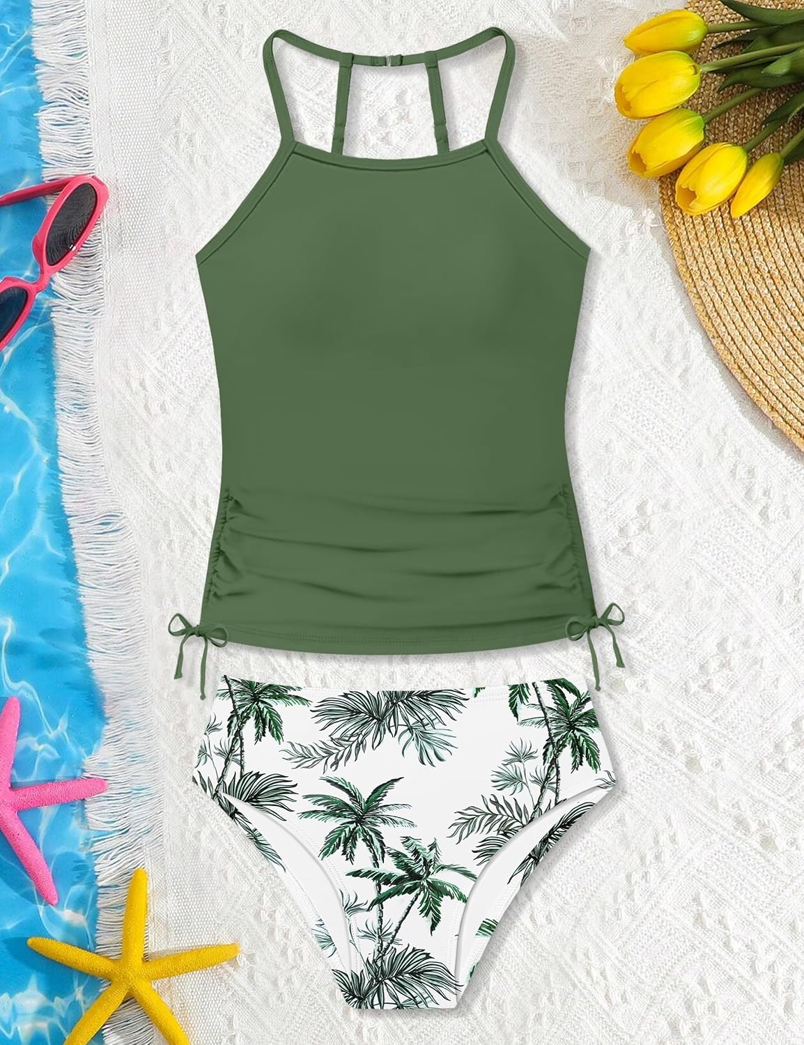 Girls Tankini Swimsuits Two Piece Bathing Suit Ruched Drawstring Swimwear Set for Girls 9-16 Years - Image 5