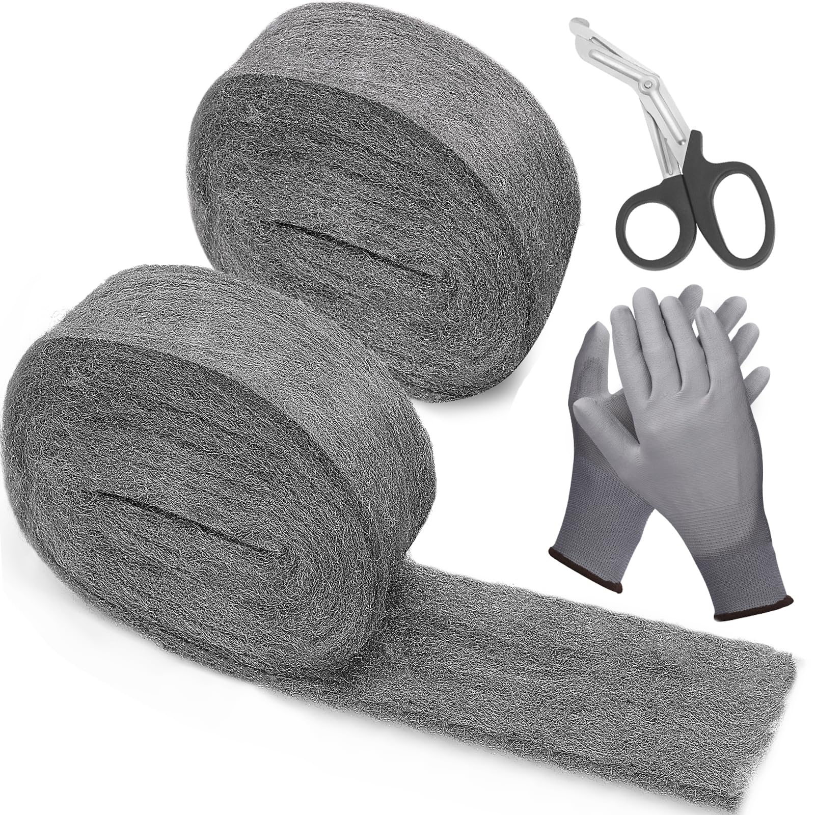 iunio Wire Wool, 2 Pack Steel Wool Mice Blocker with Gloves & Scissors, WireWool Mice for Cleaning, 0000 Steel Wool for Polishing, Rodent Control Hole Filler Wall, Kitchen, Ceiling, Garden, Attic