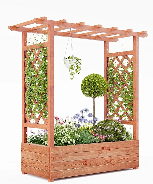 GarveeLife Raised Garden Bed with Trellis, 45 Inch Wood Planter Box with Side Trellis, Hanging Roof, and 4 Drainage Holes, Freestanding Elevated Garden Bed for Climbing Plants, Vines, Flowers