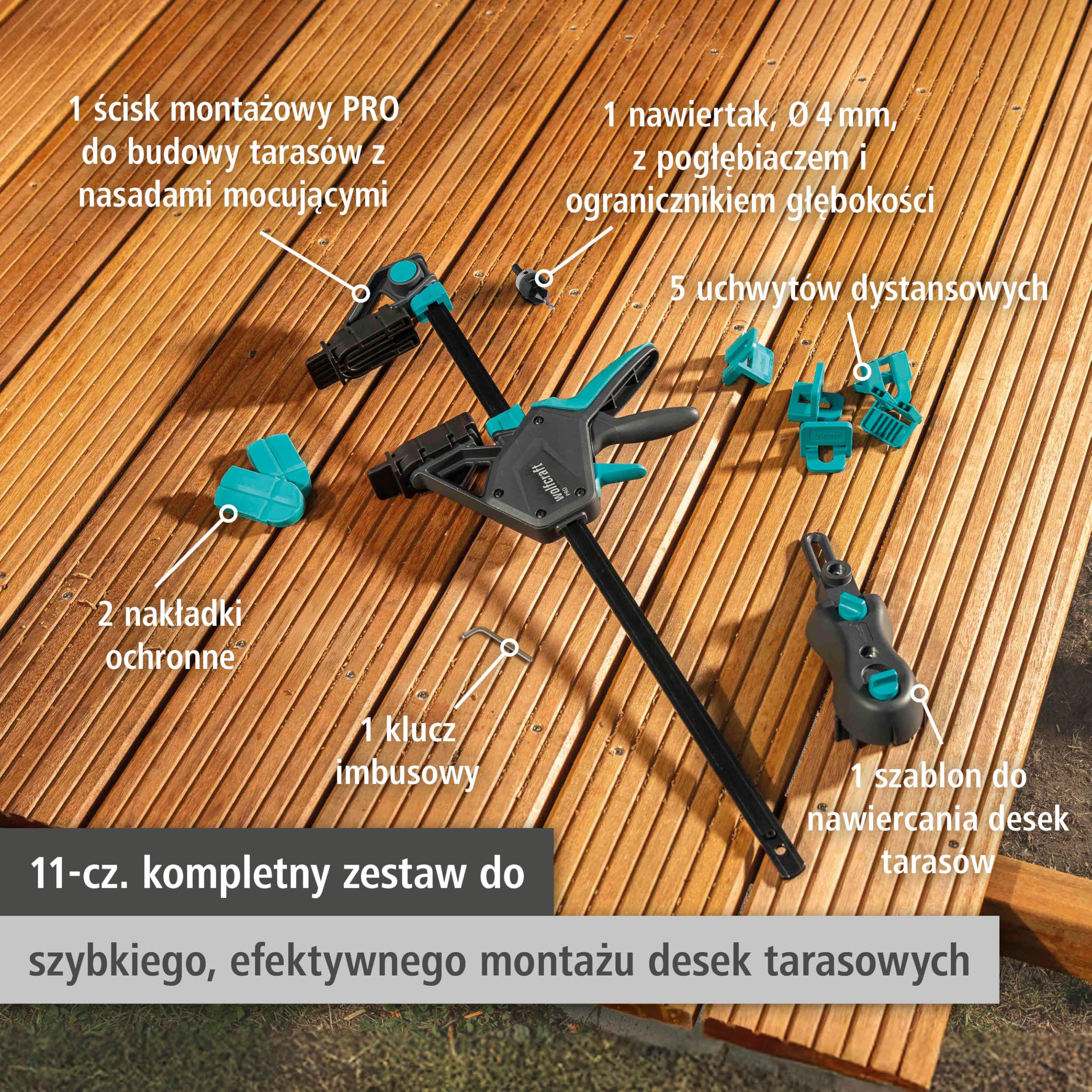 wolfcraft Zestaw do budowy tarasów PRO ERGO, 11-częściowy – kompletny zestaw do równomiernego montażu desek tarasowych – zacisk montażowy, element dystansowy, pomoc w wierceniu, wiertło wstępne z