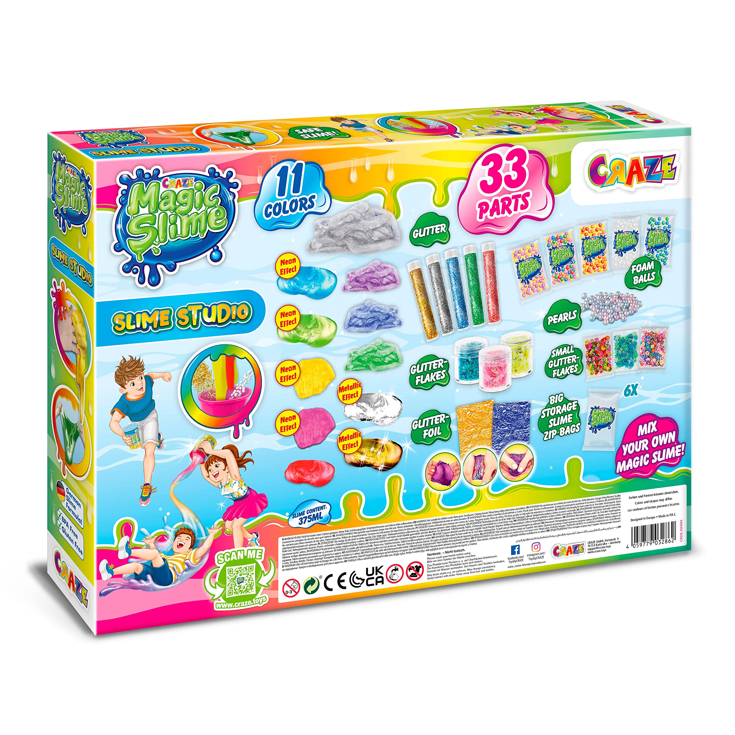 CRAZE Magic Slime Studio Schleim 32862 zestaw "zrób to sam" Slime Kit 11 kolorów z akcesoriami Fluffy Slime z perłami brokatowymi i efektami specjalnymi, 32862, kolorowy, 36,5 x 5,8 x 25,5 cm