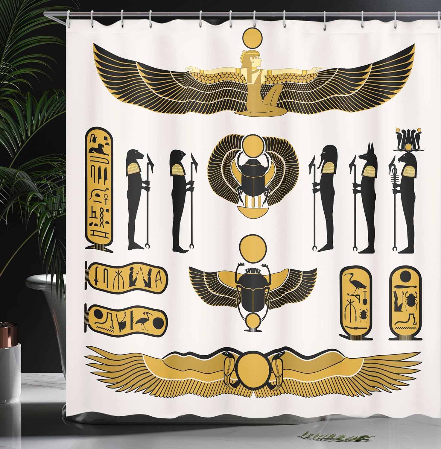 Ambesonne Egyptian Print Shower Curtain, Old Historical Egyptian Myth Mummy Sun Art Illustration, Cloth Fabric Bathroom Decor Set with Hooks, 69" W x 75" L, Yellow Black