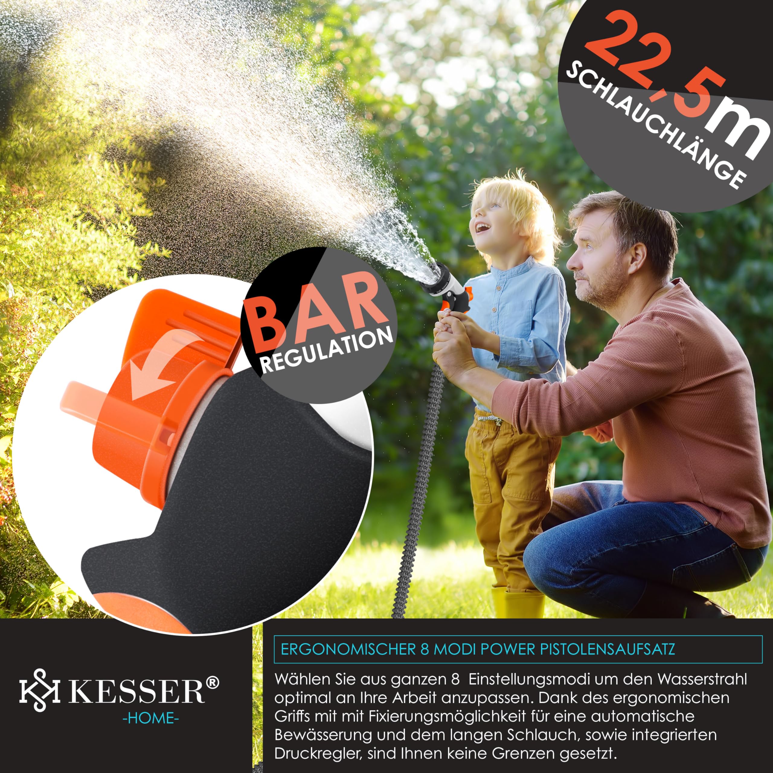 KESSER® Manguera de Jardín Flexible Premium | Expansible + Soporte de Pared | Manguera de Agua Flexible con Núcleo de Látex de Triple Capa | Conexiones de Latón de 22,5 metros Antracita