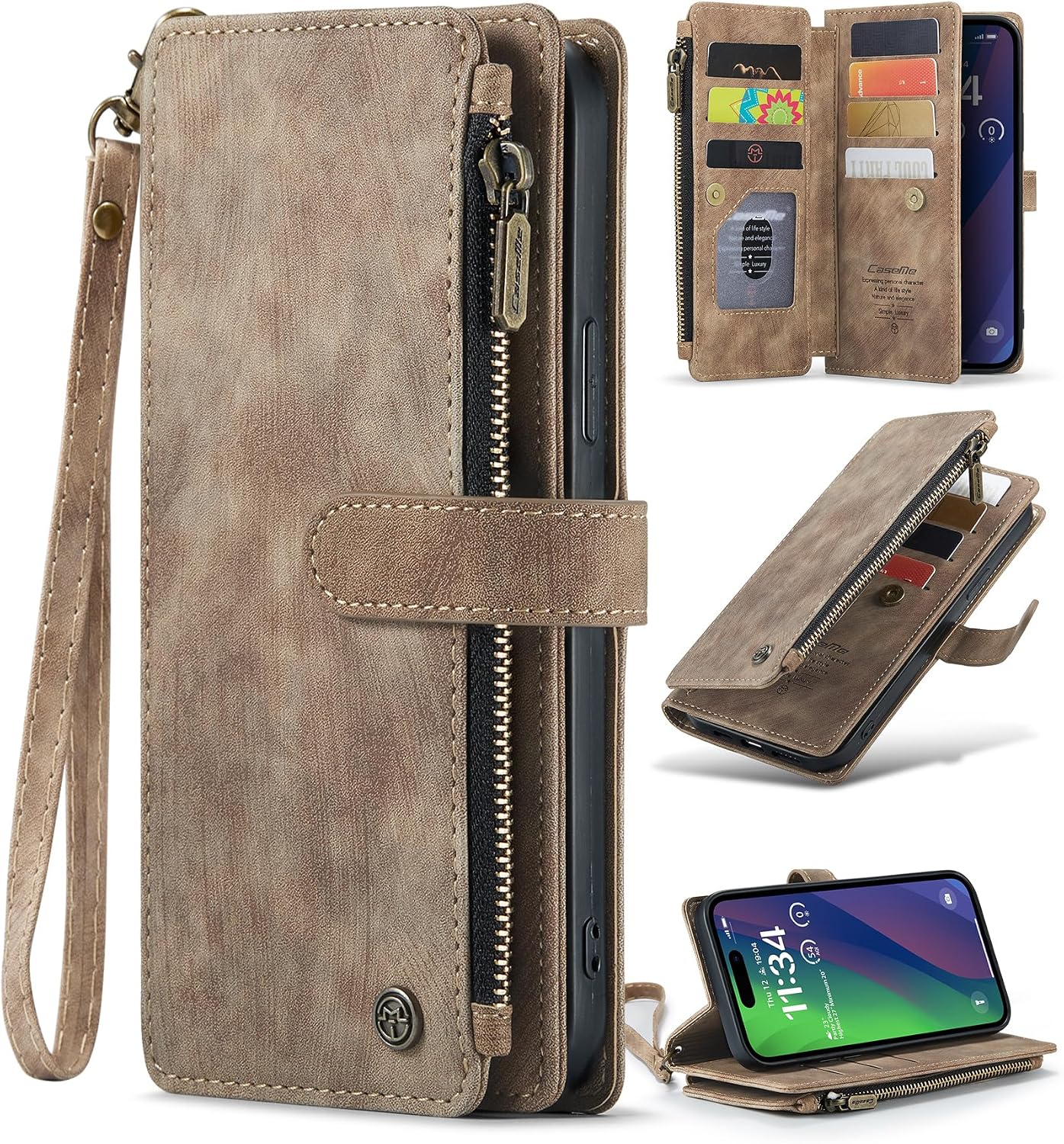 Wallet Case for iPhone 15 Plus with Card Holder, Wrist Strap, Built-in Kickstand, PU Leather Magnetic Closure Zipper Pocket Case, TPU Shockproof Flip Case Brown