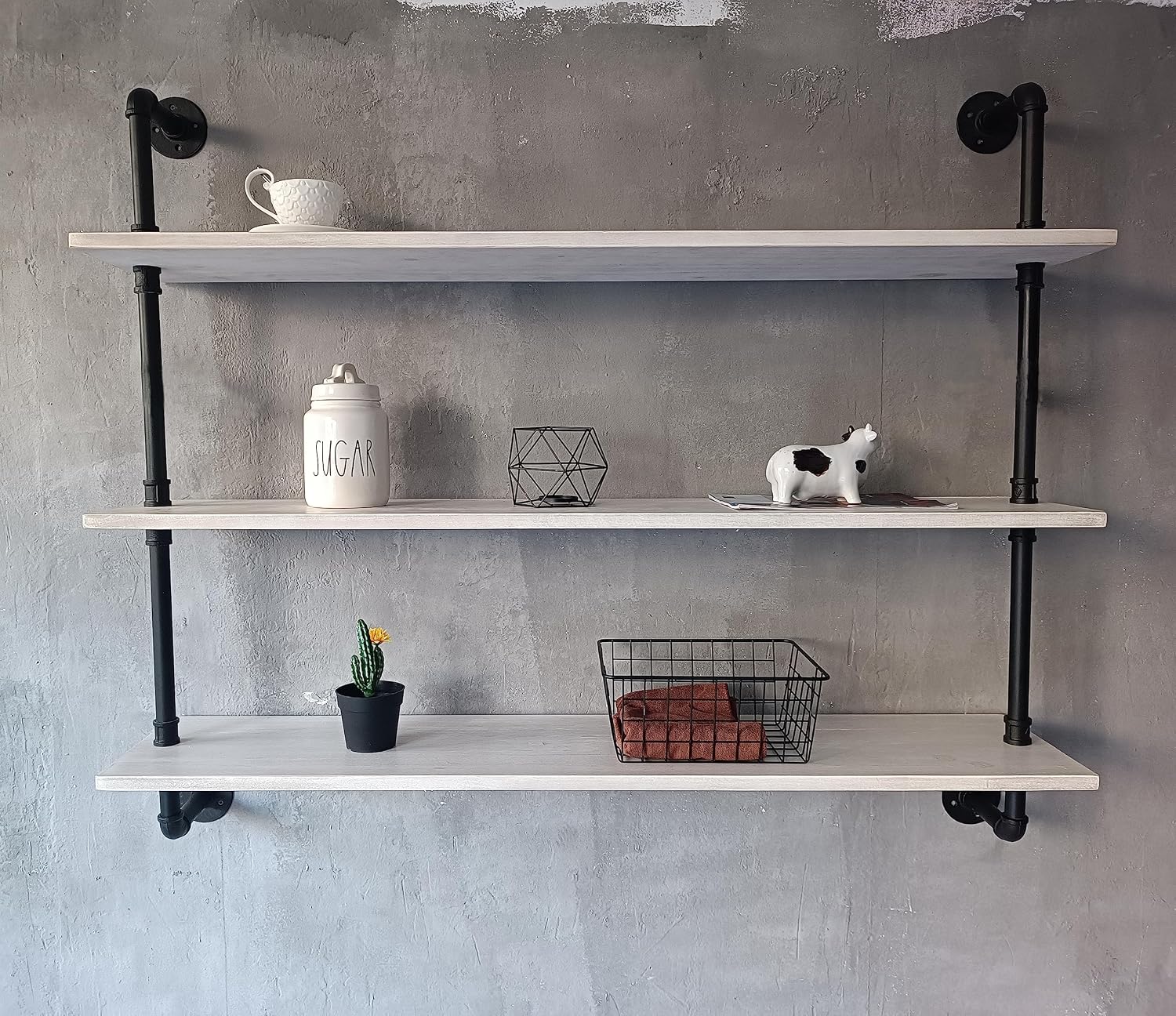 Floating Bookshelf Shelves Industrial Pipe Shelving Pipe Shelves Rustic White Wall Shelves 36 Inch Farmhouse Book Shelves for Kitchen Bar,Bathroom Wall Mounted 3Tier36in