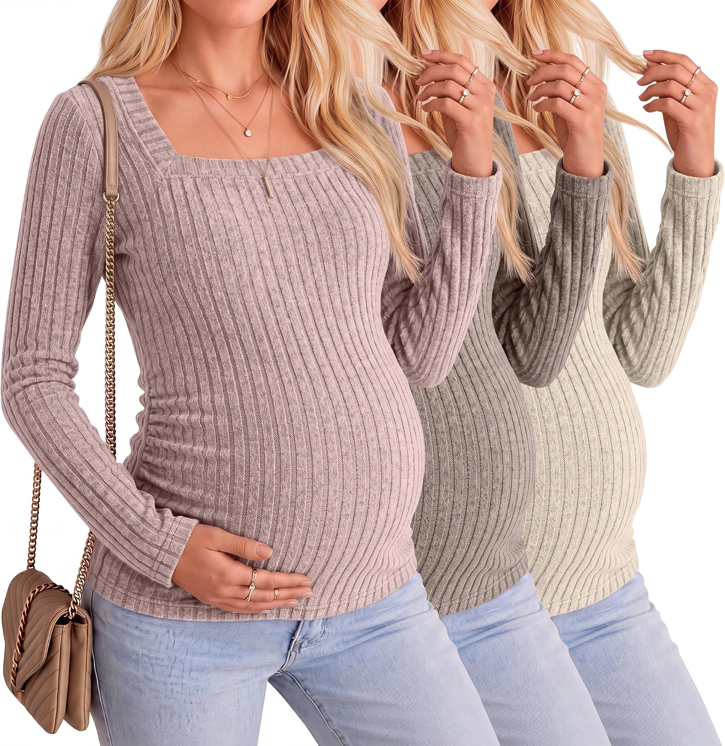 Ficerd 3 Pack Maternity Long Sleeve Sweaters Ribbed Knit Shirts