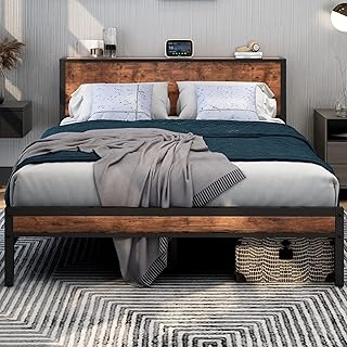 DUMEE Black Queen Size Bed Frame with Wood Headboard and Footboard, Heavy Duty Metal Platform Bed Frames with Storage No Box Spring Needed, Steel Slats Mattress Foundation Noise Free, Brown Board