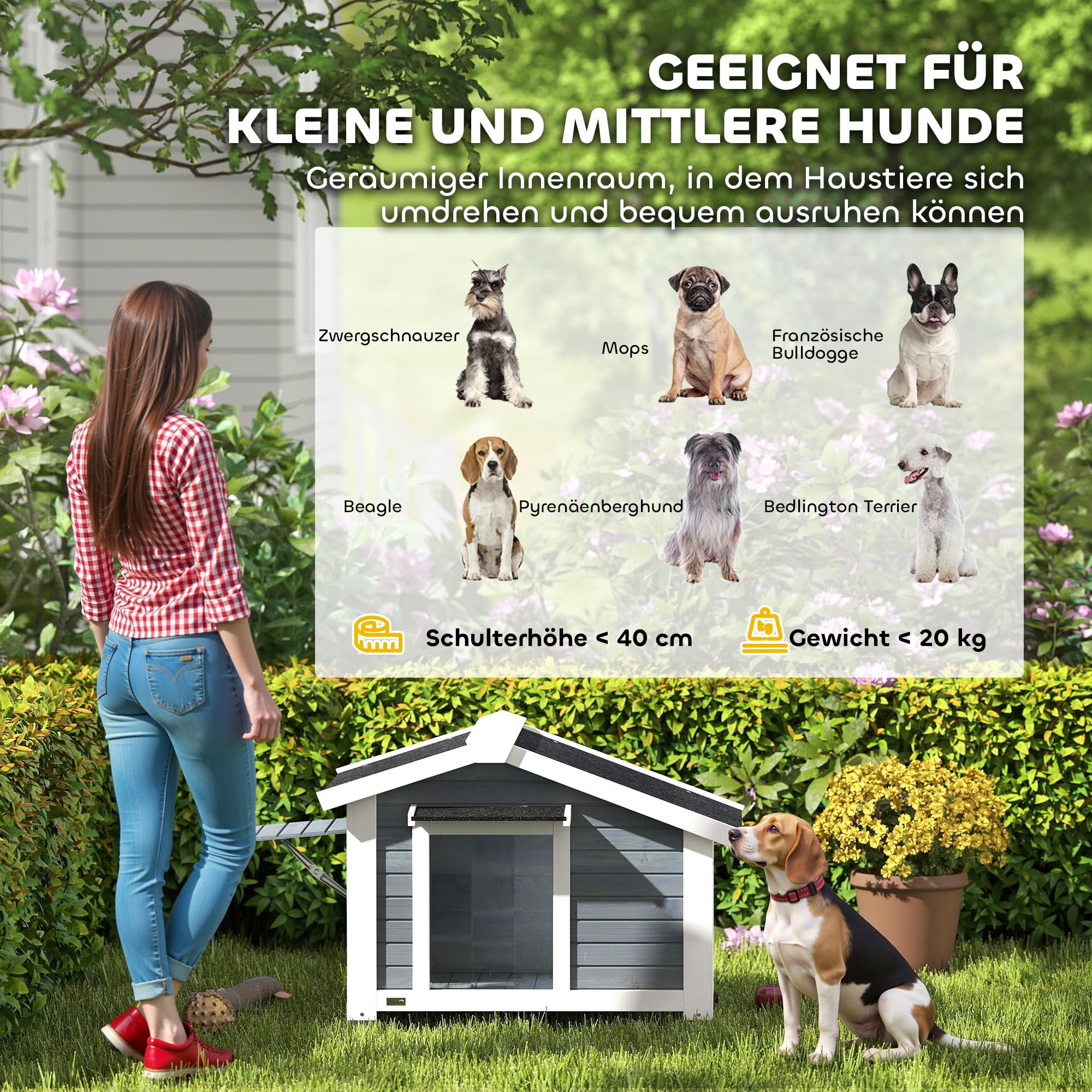 PawHut Hundehütte Wetterfest für Mittelgroße Hunde 98 x 76 x 69,5 cm Grau | Hundehaus aus Holz, Herausnehmbarer Boden, Asphaltdach, Öffnendes Fenster, Türvorhang, bis 20 kg, Indoor Outdoor